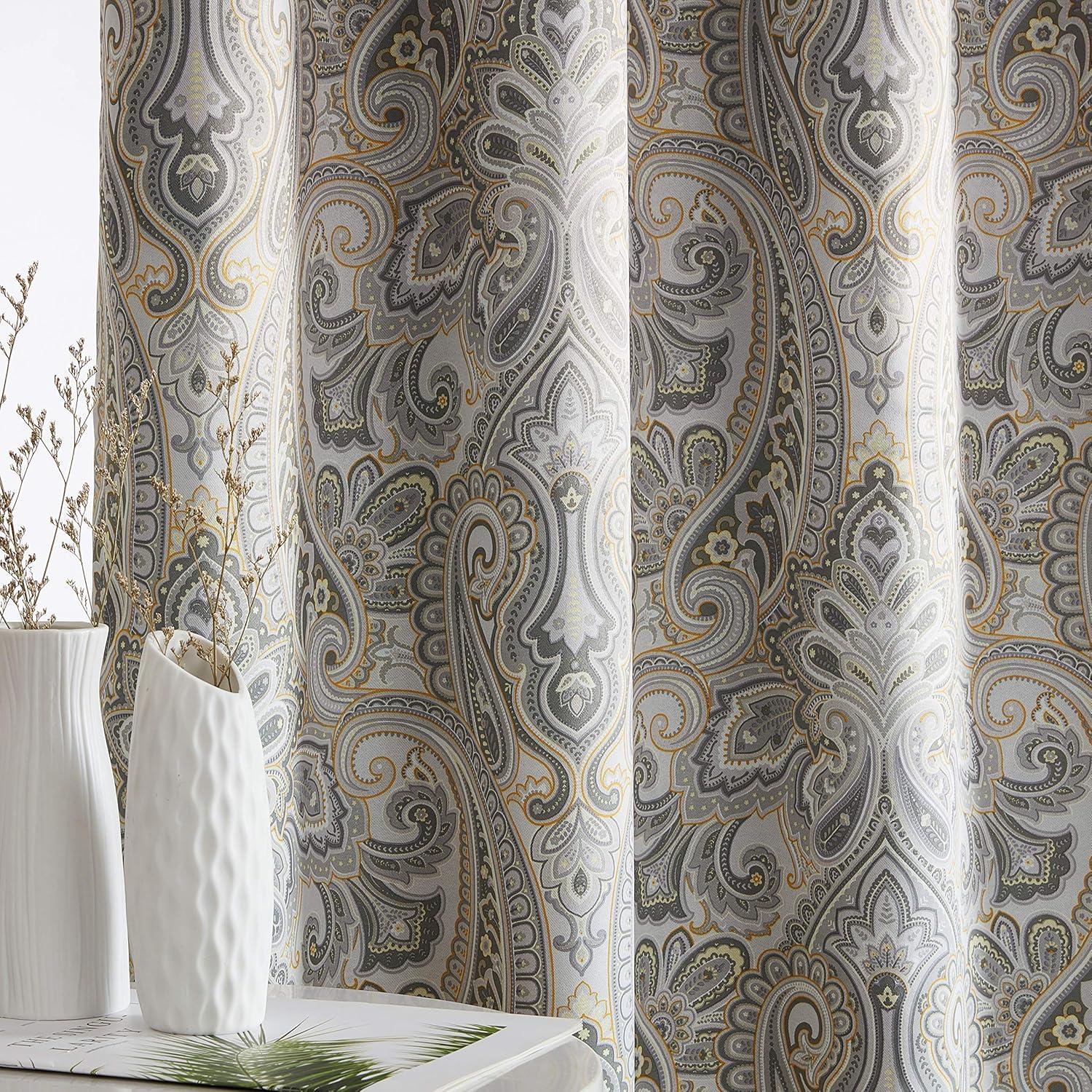 HLC.ME Paris Paisley Decorative Print Damask Pattern Light Reducing Grommet Window Curtain Panels for Bedroom, Set of 2 - Grey, 50 W x 96 L