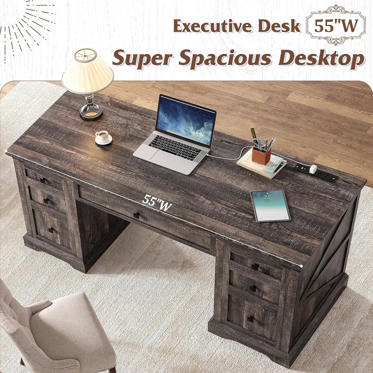 August Grove® 55'' W Computer Desk With Outlet, Farmhouse Executive Desk With 7 Drawers For Office Home