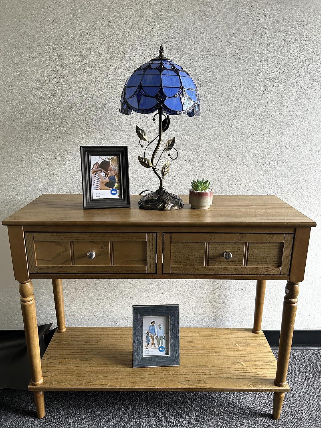 Tiffany Table Lamp Blue Stained Glass Baroque Style Lavender Iron Metal Leaves Bronze Base Included LED Bulb for Living Room Bedroom Bedside 10"W*10"D*20"H