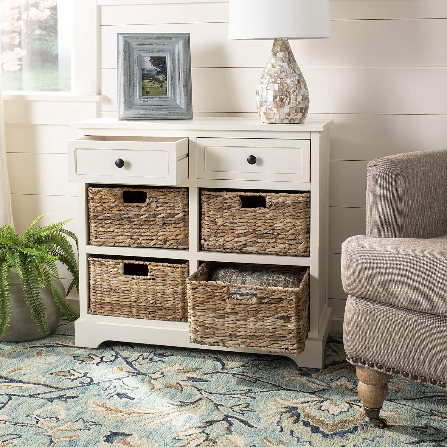 Distressed Cream Pine 6-Drawer Storage Unit with Wicker Baskets