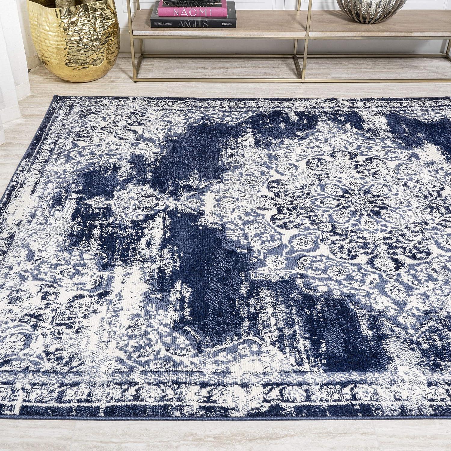 Elegant Reversible Navy/Ivory 8' x 10' Synthetic Area Rug