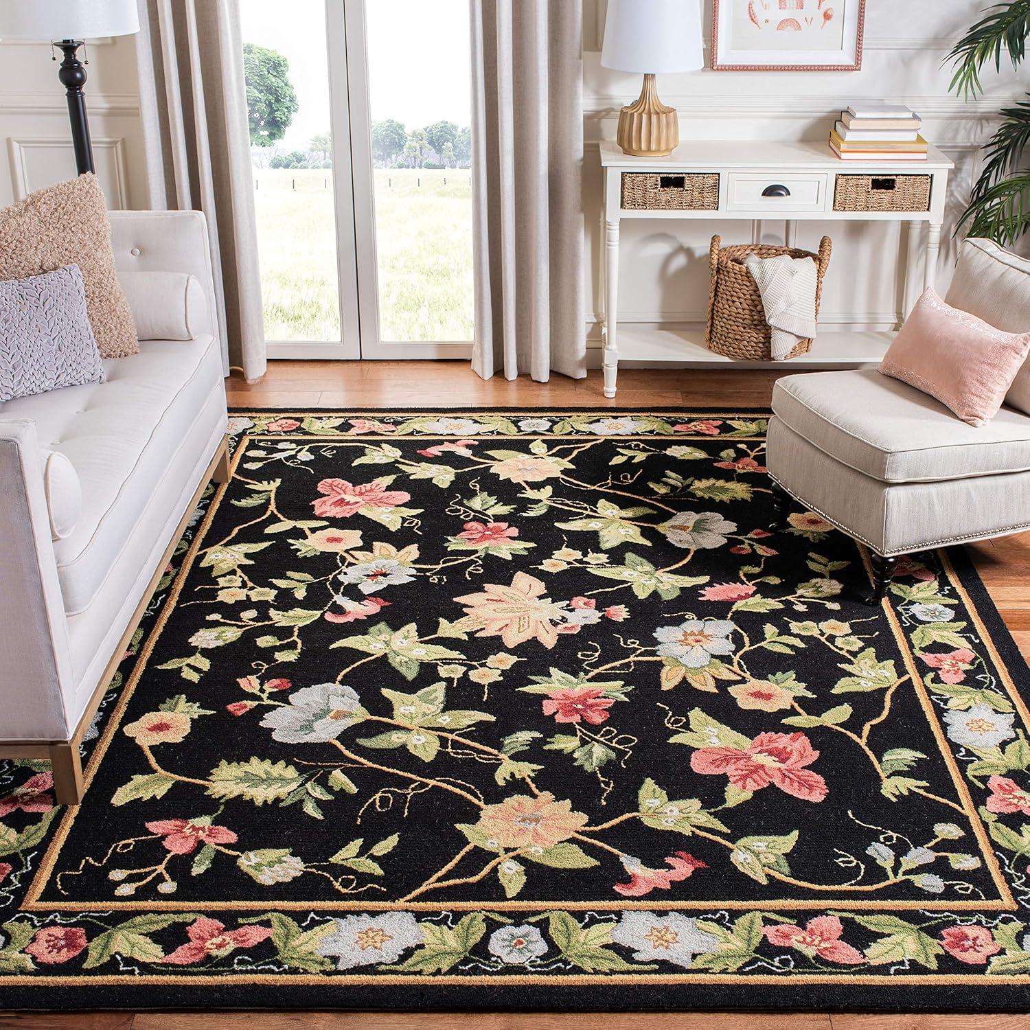 Elegant Noir Floral 7' Square Tufted Wool Area Rug