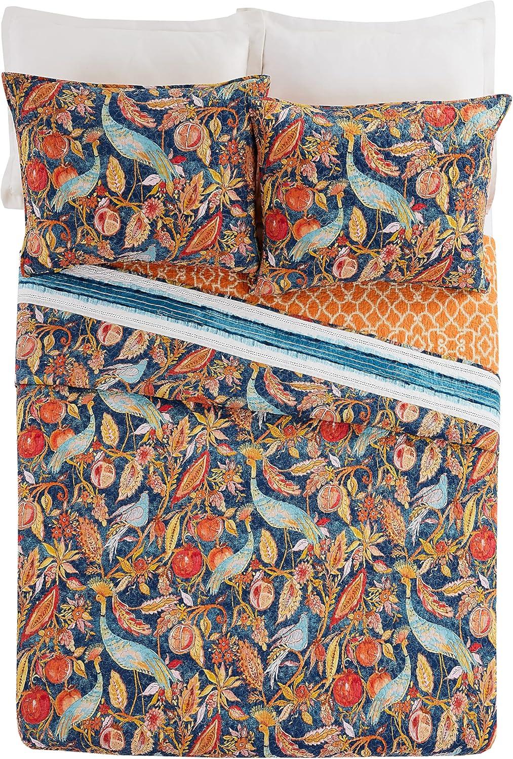 Peacock Garden Quilt & Sham Set Blue/Orange - Dena Home