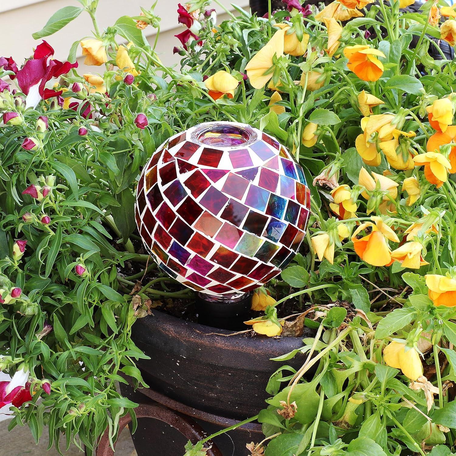 Sunnydaze Magenta Medley Round Mosaic Glass Plant Watering Bulb with Clay Watering Spike