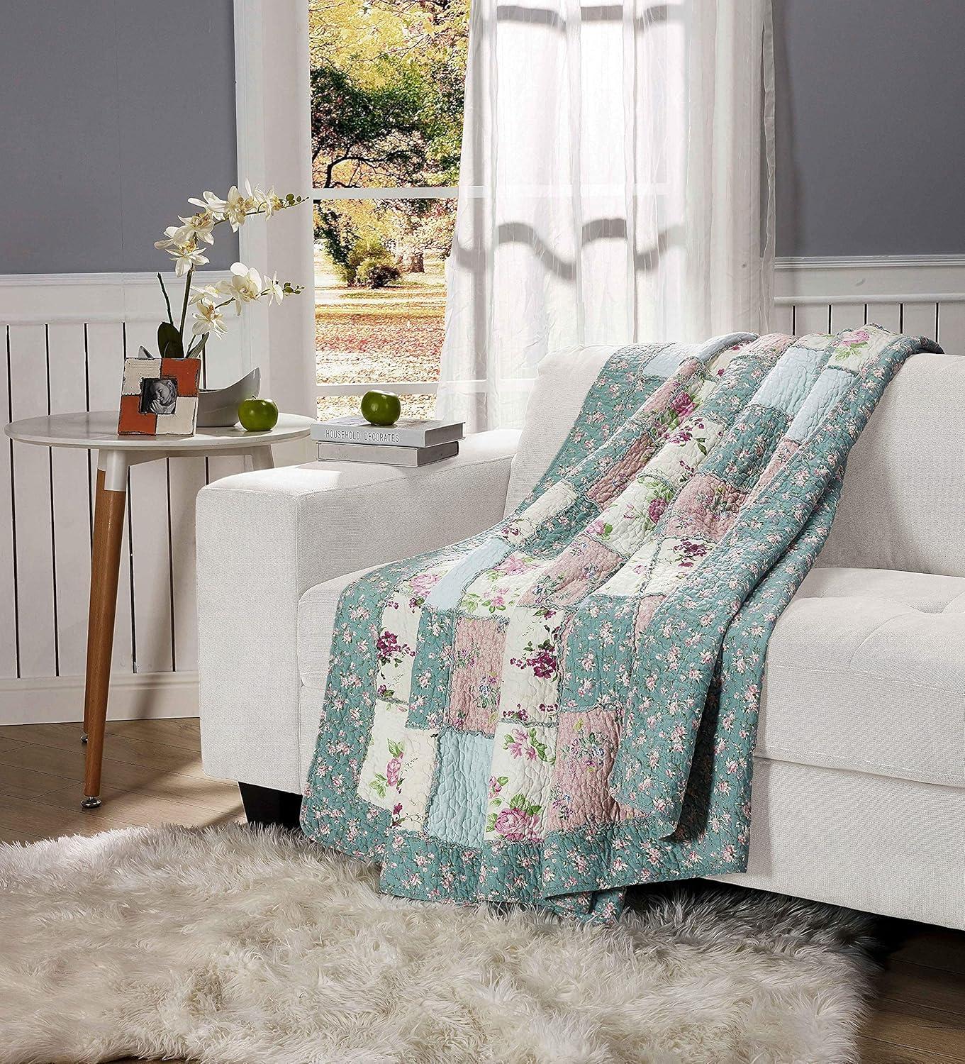 Floral Patchwork Blue and Pink Cotton Throw Blanket