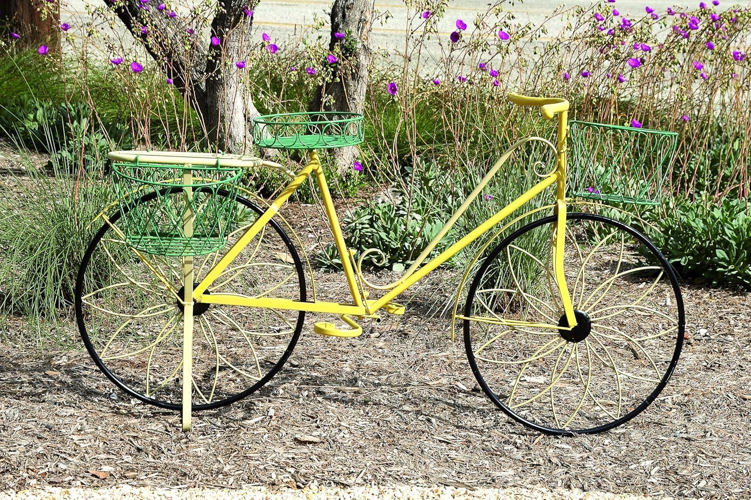 32" Traditional Iron Novelty Bicycle Plant Stand Yellow - Olivia & May: Metal Planter Pedestal, Weather-Resistant