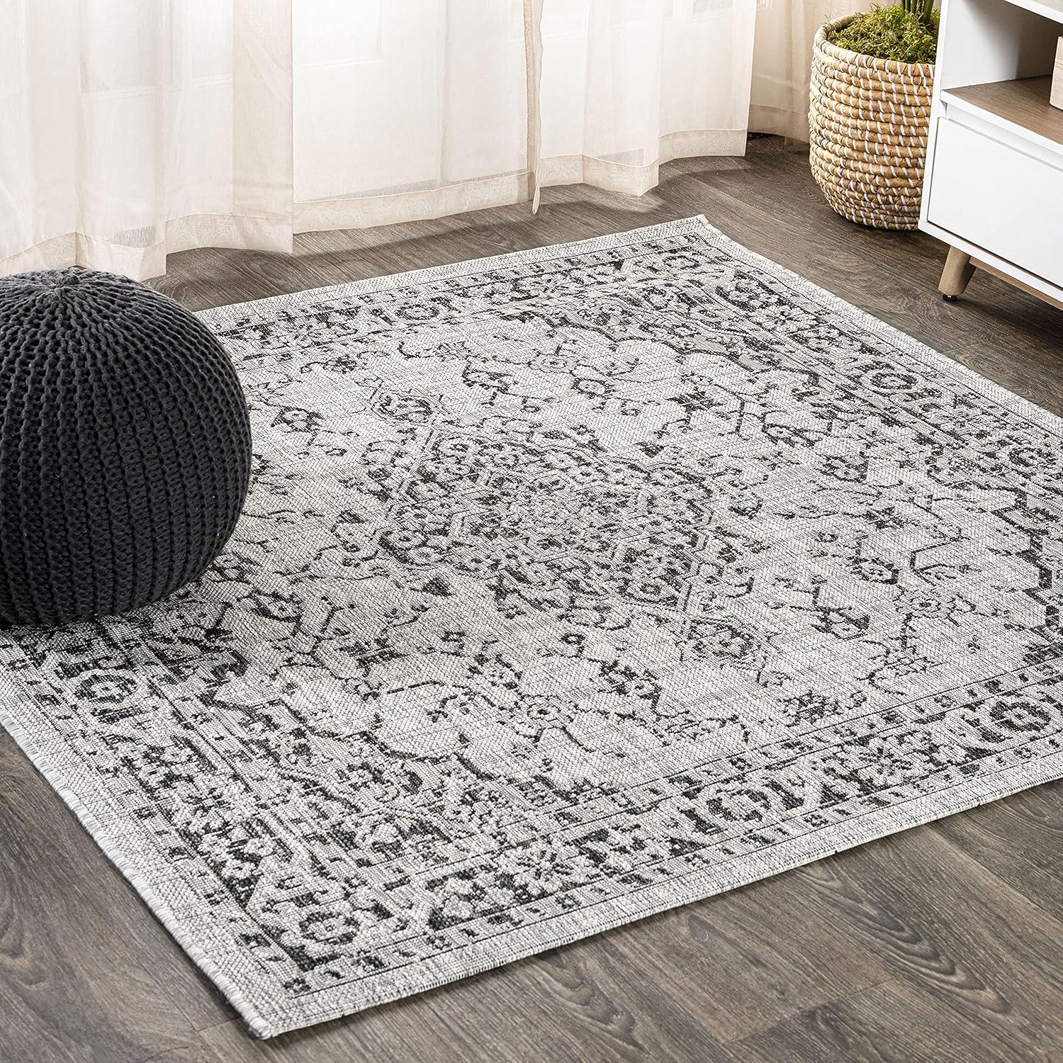 5' Square Rozetta Boho Medallion Textured Weave Indoor/Outdoor Area Rug, Gray/Black - JONATHAN Y