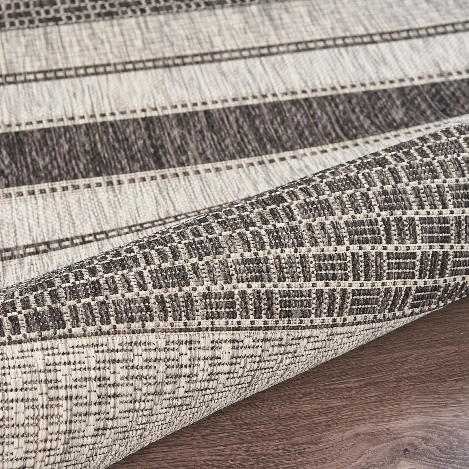 Grey and Black Stripe Synthetic Rectangular Rug