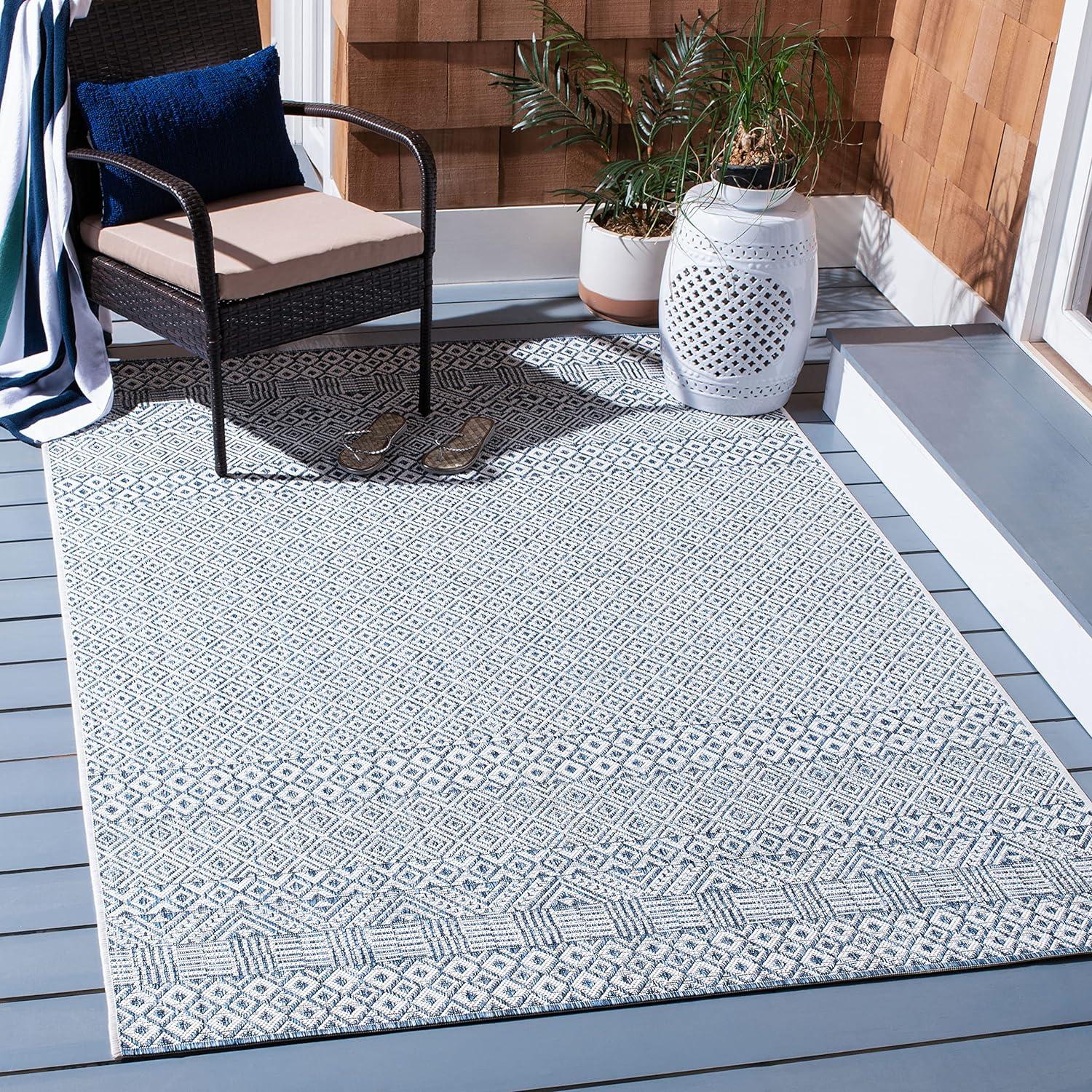 Blue and Navy Rectangular Synthetic Indoor/Outdoor Rug