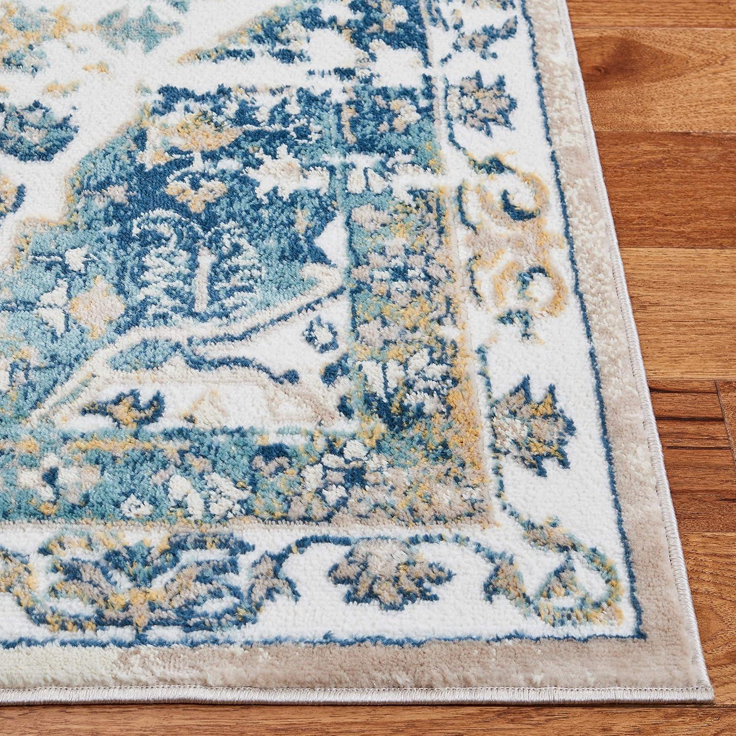 Ivory and Navy Square Medallion Stain-Resistant Synthetic Rug