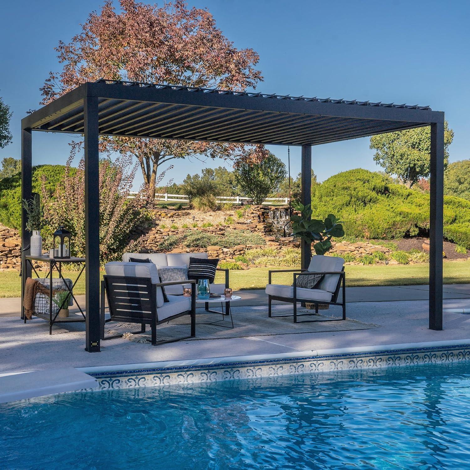 Backyard Discovery Backyard Discovery Sarasota 14' x 10' Galvanized Steel Outdoor Louvered Pergola Kit with Adjustable Steel Roof and PowerPort