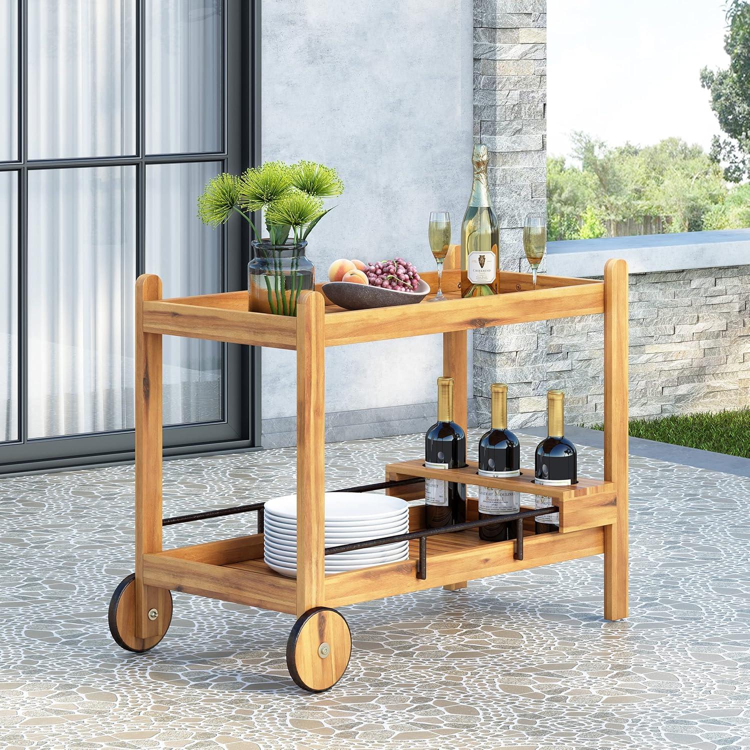 Christopher Knight Home Bavier Outdoor  Acacia Wood 2 Tiered Bar Cart with Bottle Holders by