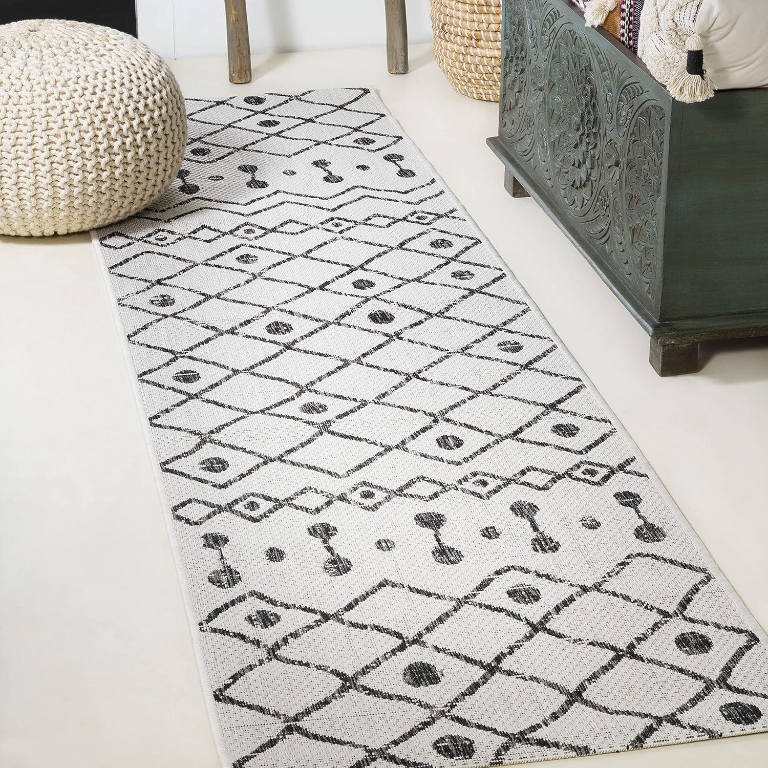 Black and Ivory Geometric Synthetic Runner Rug, 2x10 Feet