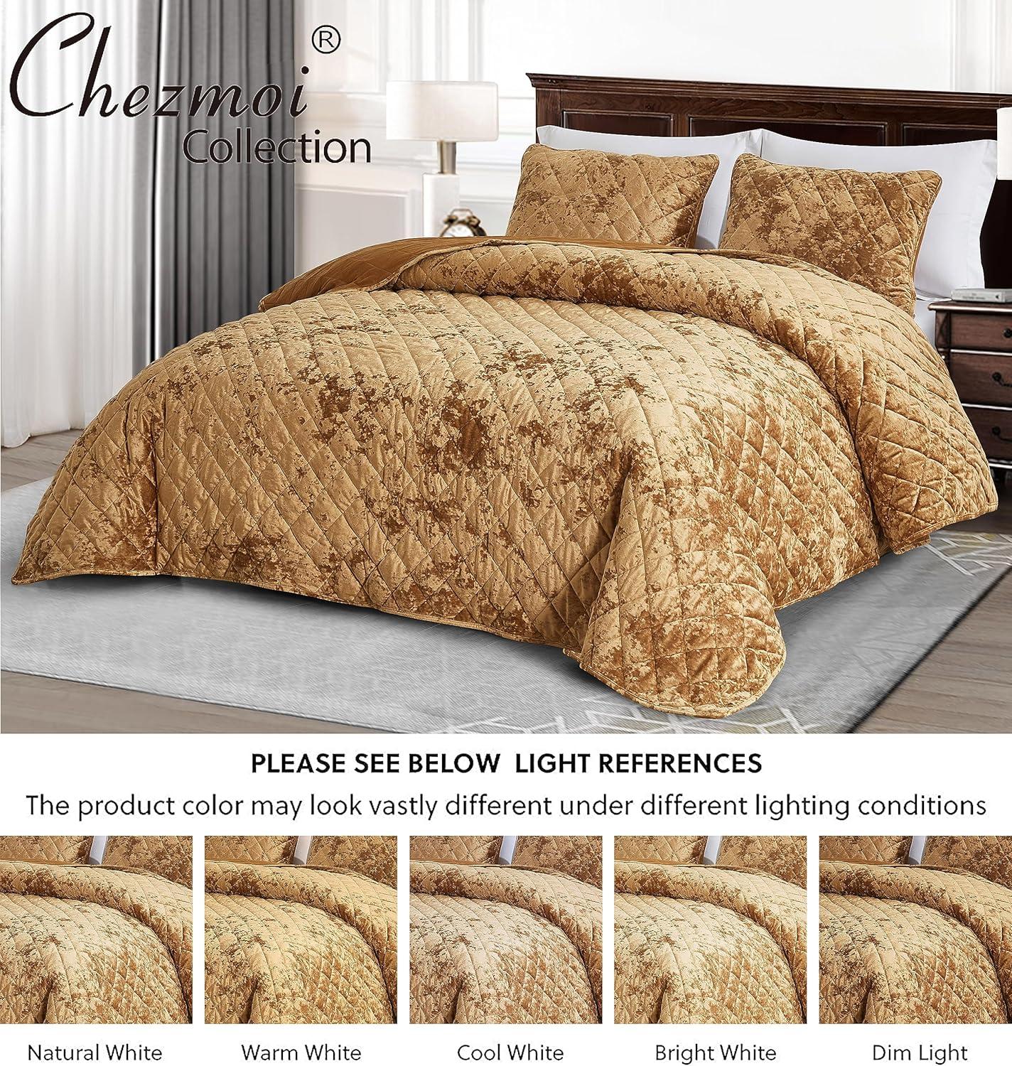 Chezmoi Collection Lux Caramel Gold Velvet Quilt Queen Set, 3-Piece Lush Plush Distressed Velvet Bedding All Season Lightweight Comforter Brushed Microfiber Reverse with Diamond Stitch Quilting