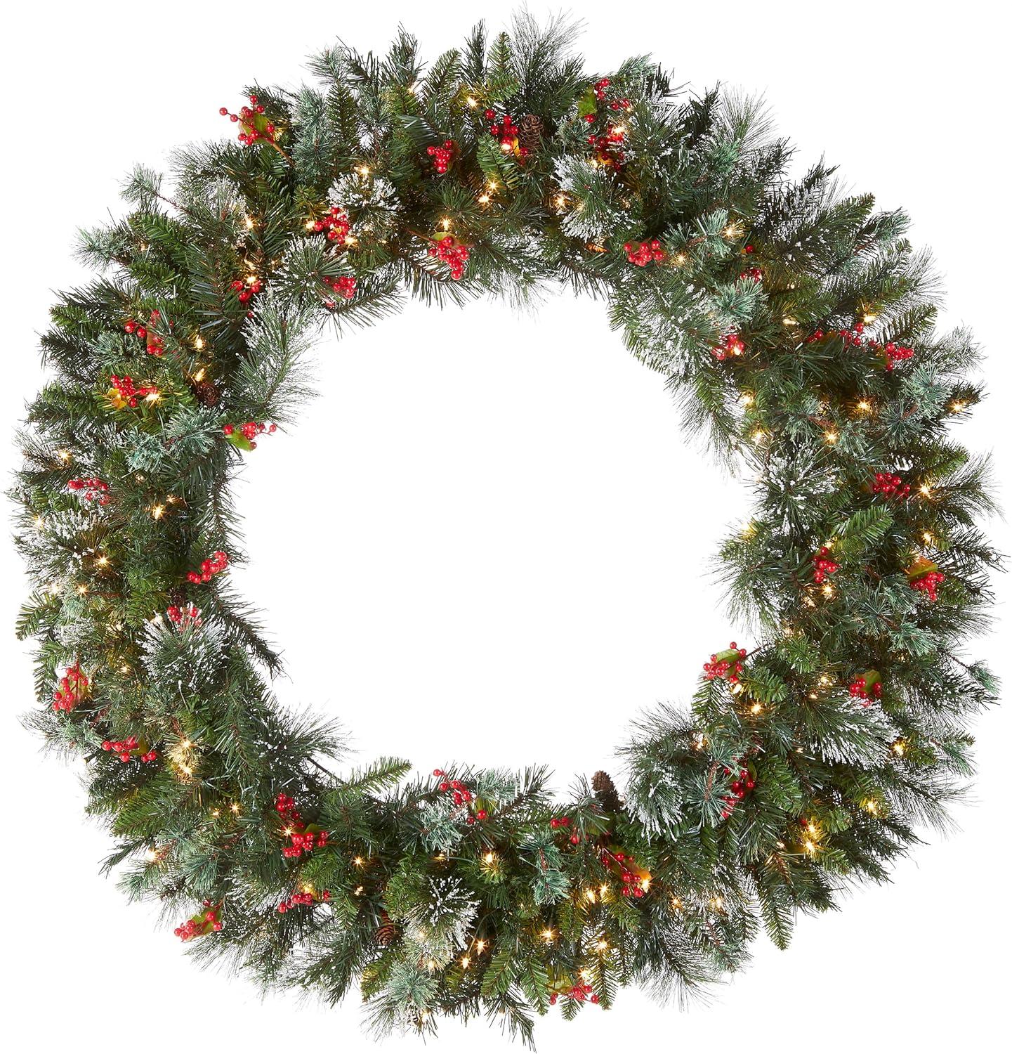 48" Prelit Wintry Pine Artificial Christmas Wreath with Pine Cones and Berries