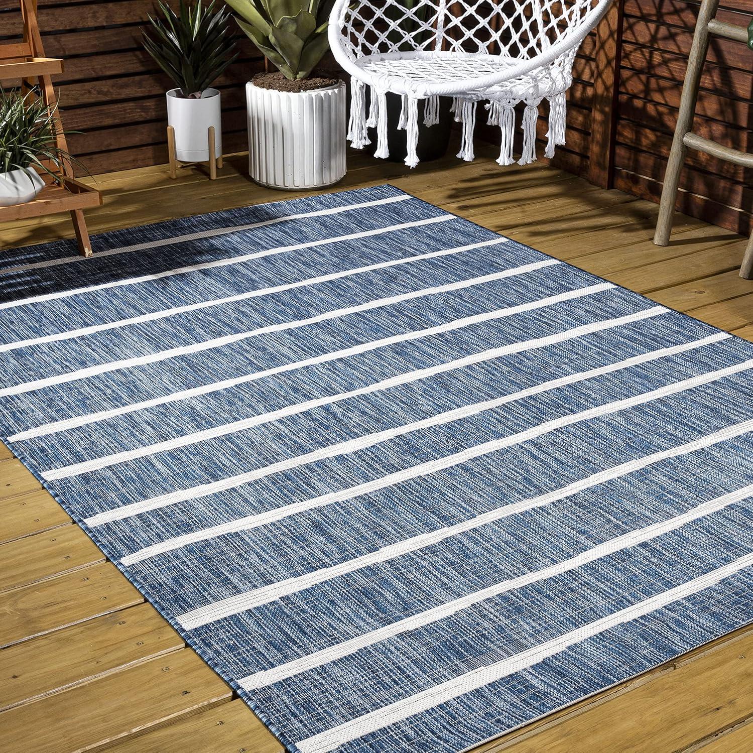 3'x5' Colonia Berber Stripe Indoor/Outdoor Area Rug, Blue/Ivory - JONATHAN Y