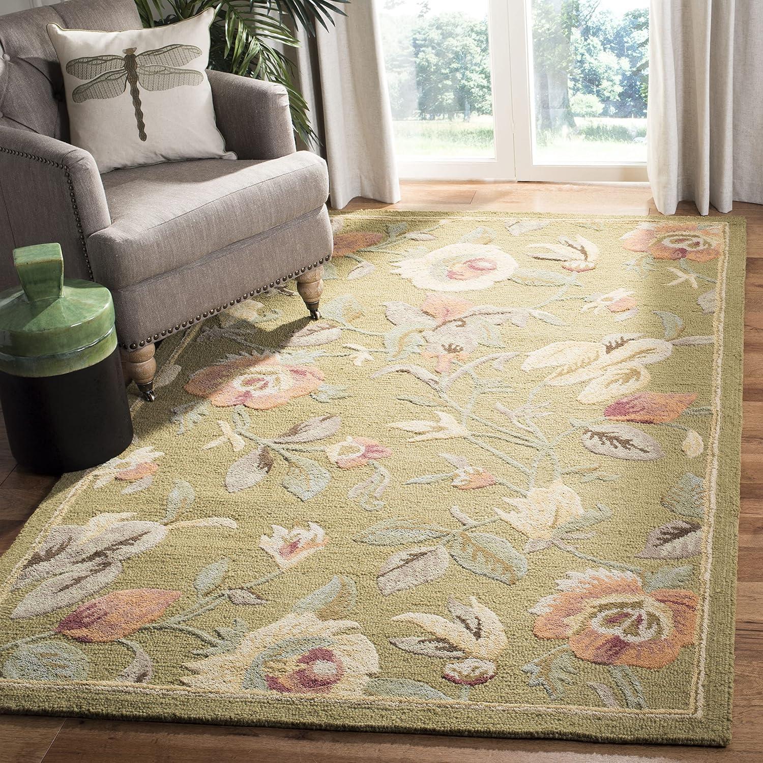 Green Multicolor Floral Wool 5' x 8' Area Rug