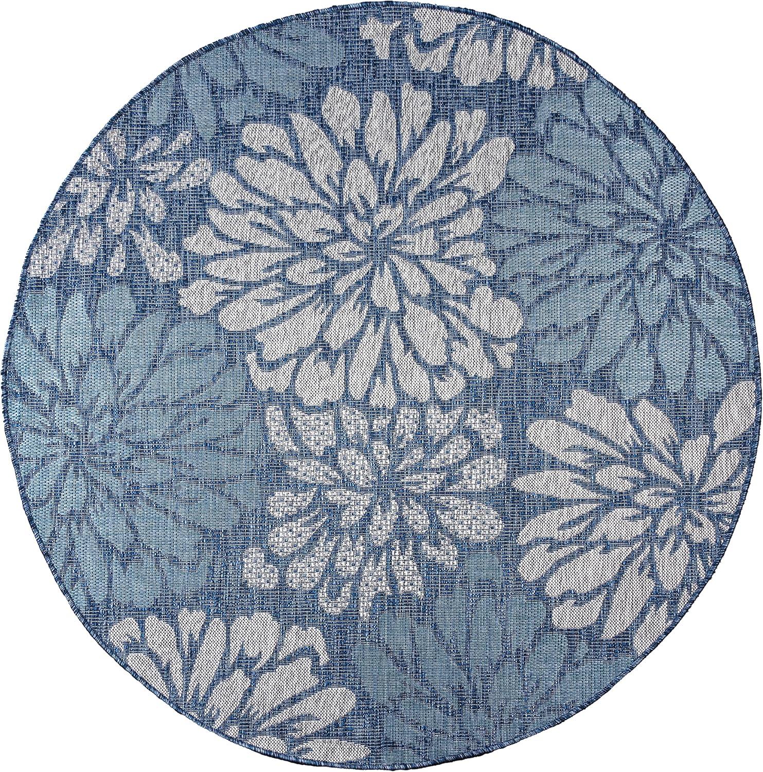 Navy Aqua Floral Synthetic Flat Woven Reversible Rug 5x8