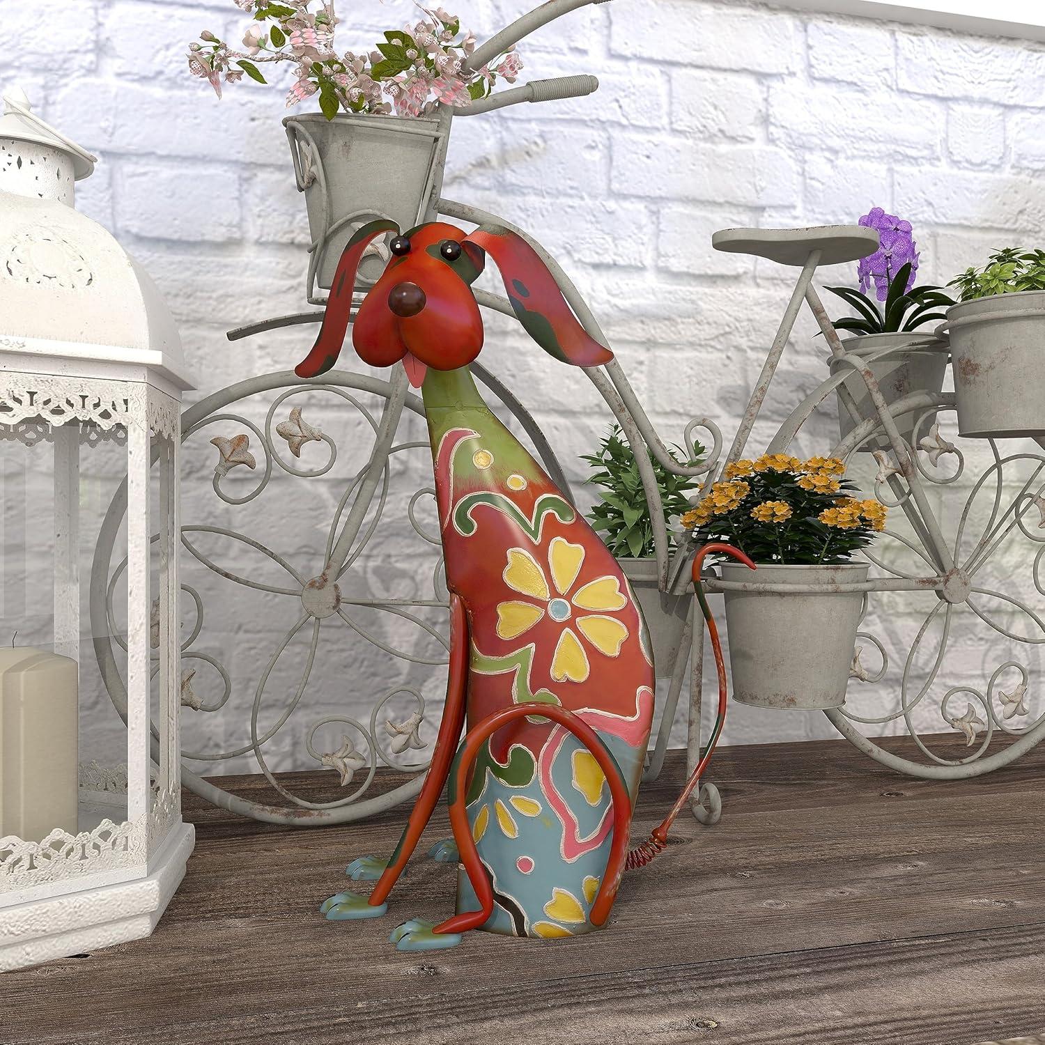 DecMode Eclectic Metal Indoor/Outdoor Multi Colored Dog Sculpture with Floral Design, 12"W x 17"H