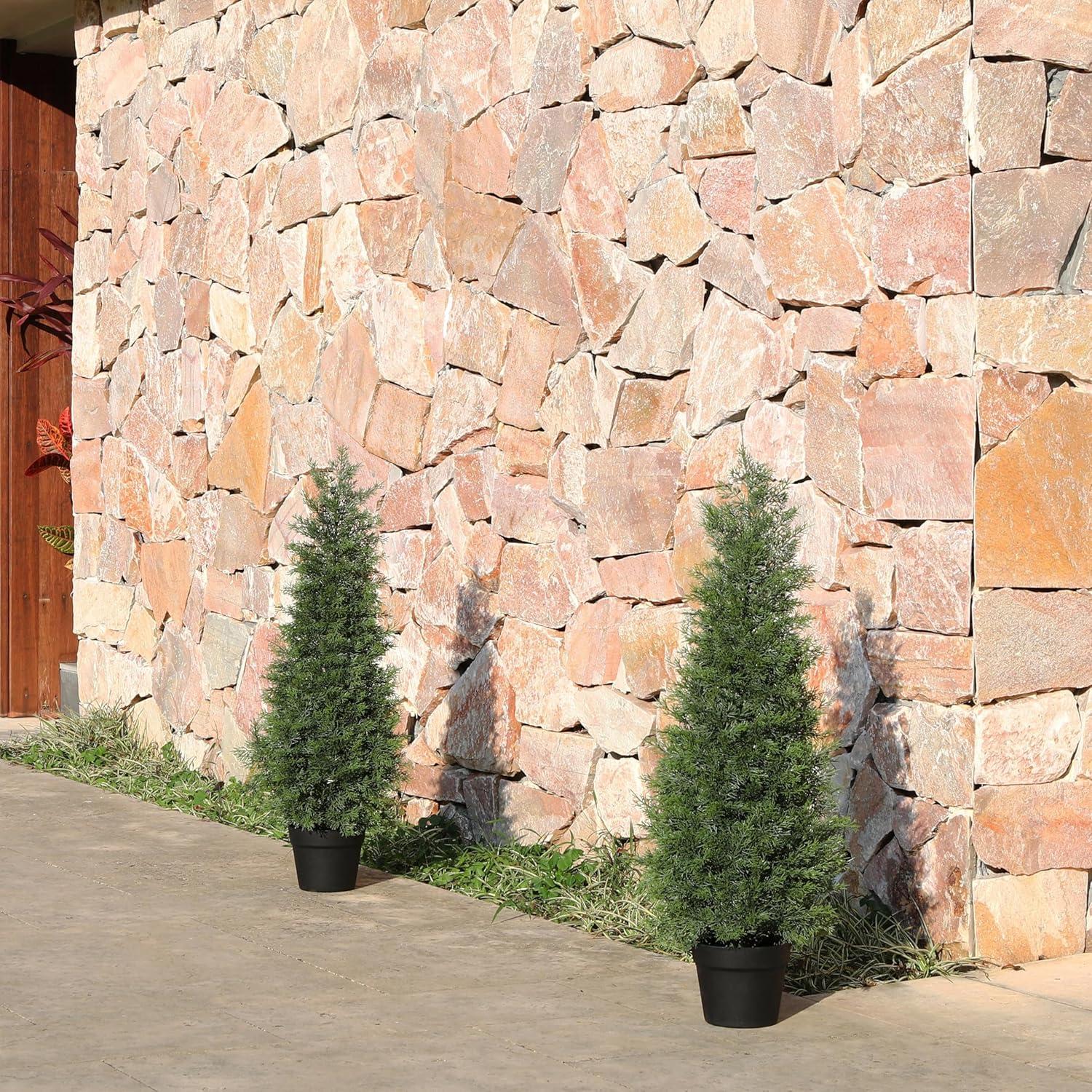 5ft Artificial Cedar Topiary Trees for Outdoors, Fake Cypress Plants with Solar Light String, Faux uv resistant Plants for Home Front Porch Decor, Housewarming Gift