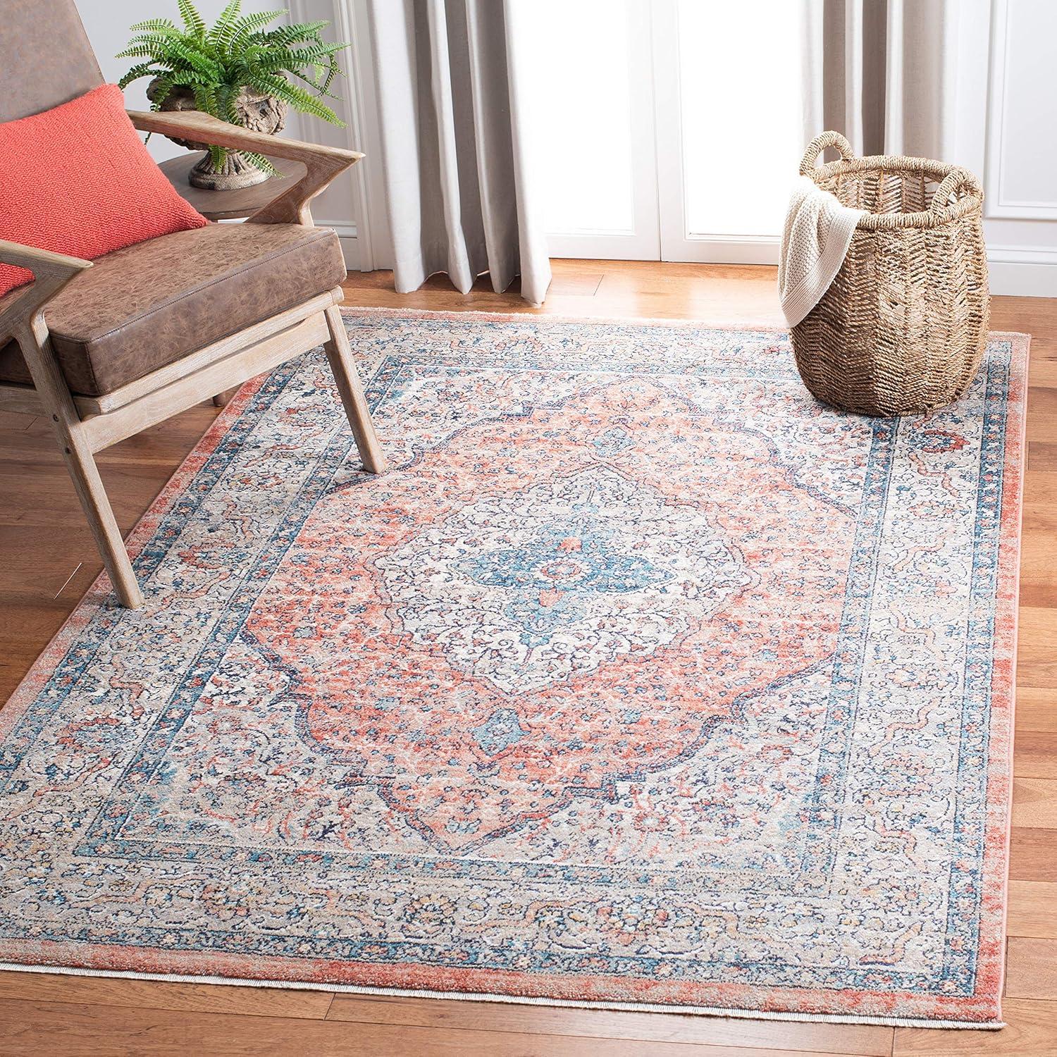 Beige and Orange Rectangular Synthetic Area Rug