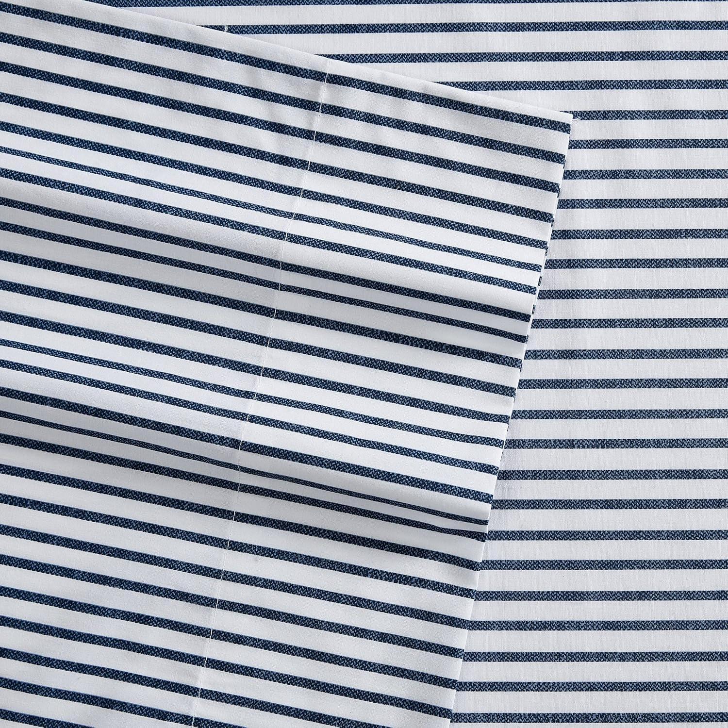 Navy and White Striped Cotton Percale Twin Sheet Set