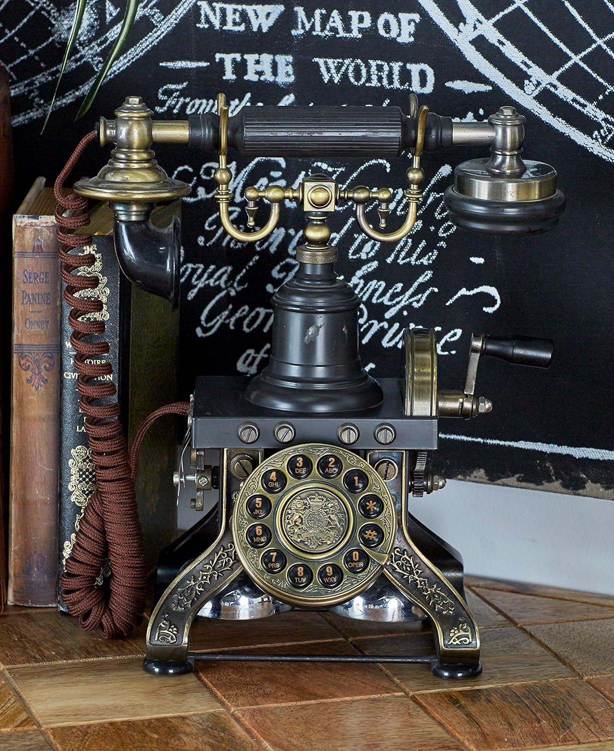 DecMode Vintage Telephone Accent Décor with Tarnish Black and Brass Finish, 10"W x 12"H