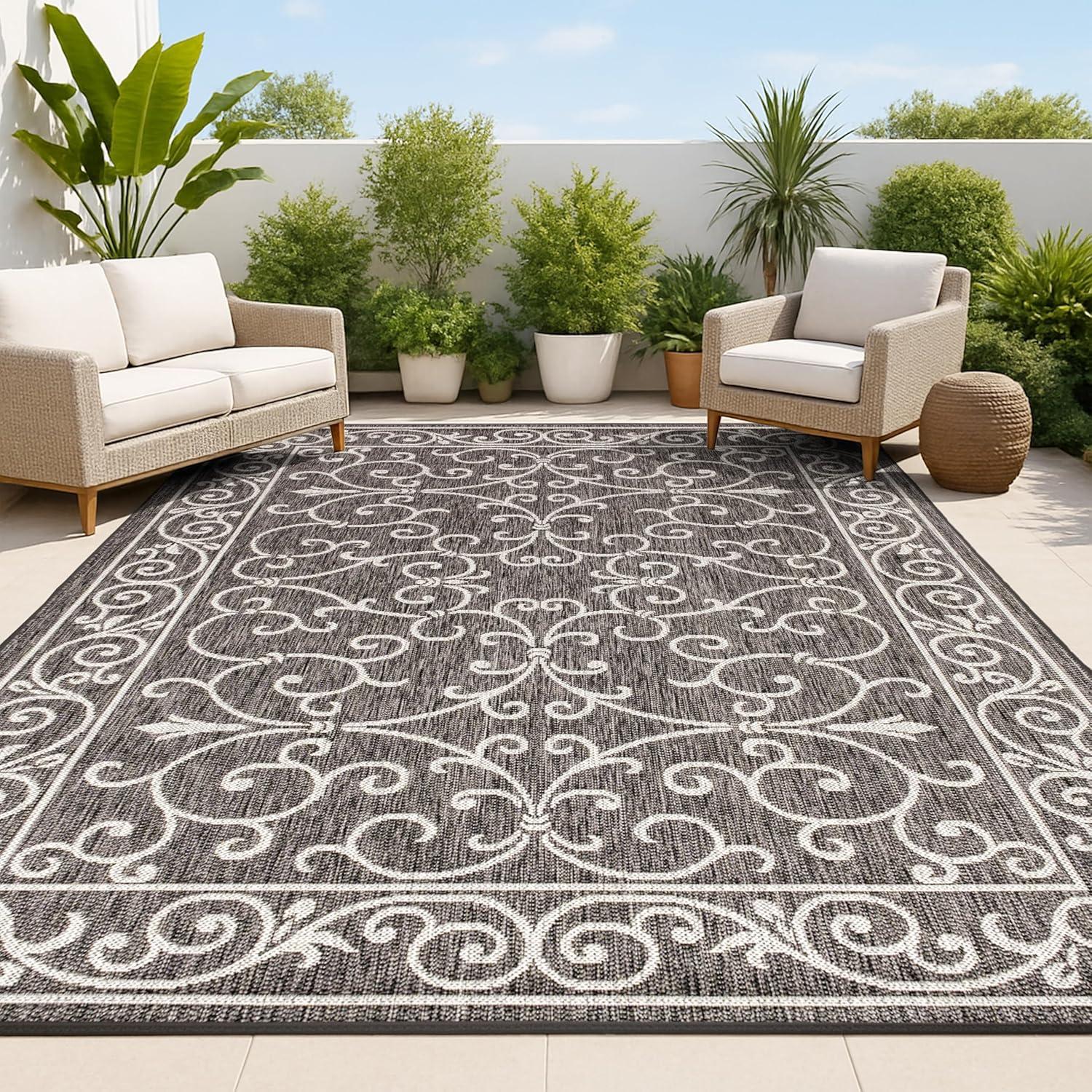 4'x6' Charleston Vintage Filigree Textured Weave Indoor/Outdoor Area Rug, Black/Gray - JONATHAN Y