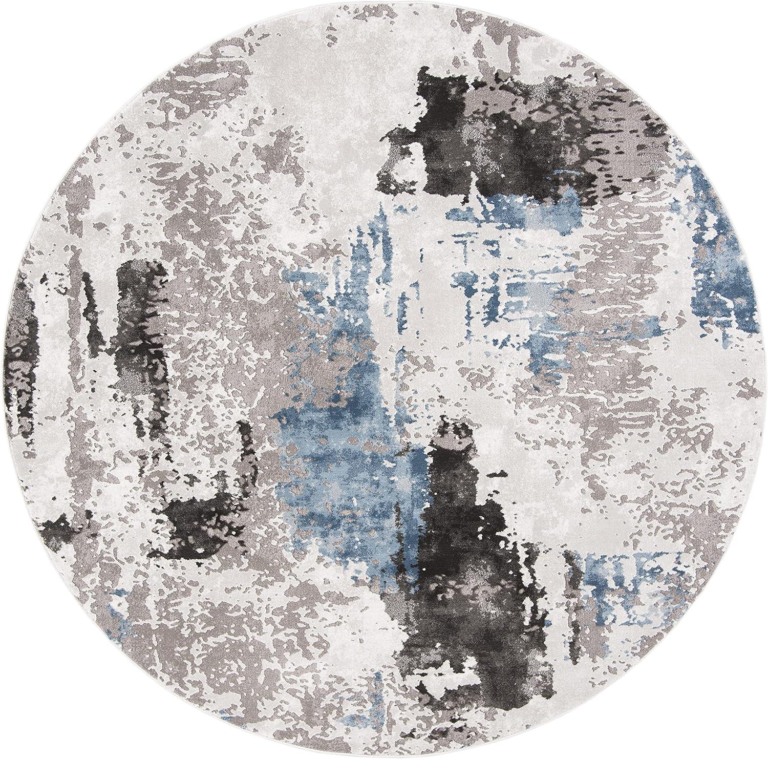 6'7" Round Gray Abstract Synthetic Area Rug