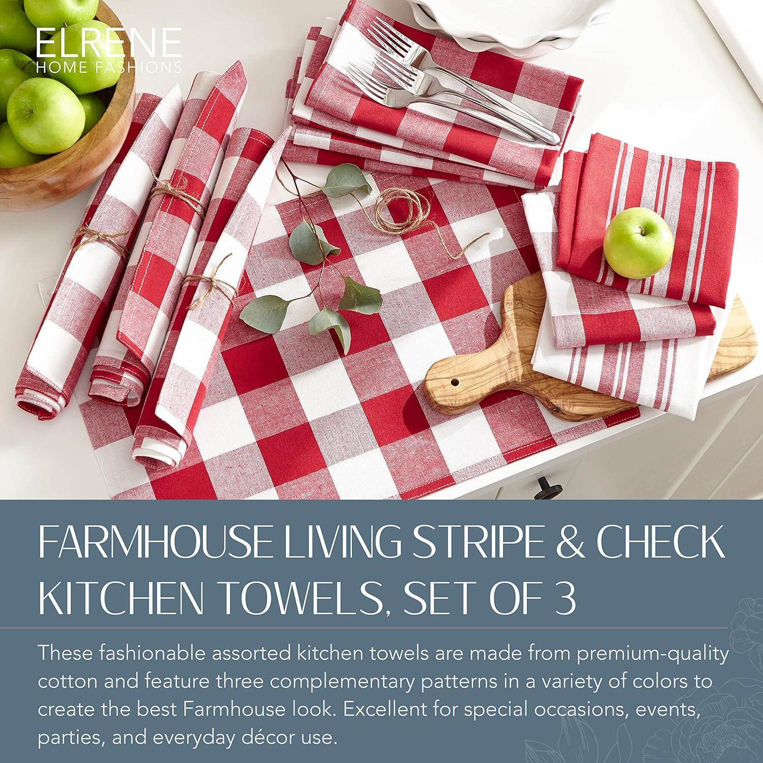 Farmhouse Living Stripe and Check Kitchen Towels, Set of 3 - 17" x 28" - Red/White - Elrene Home Fashions