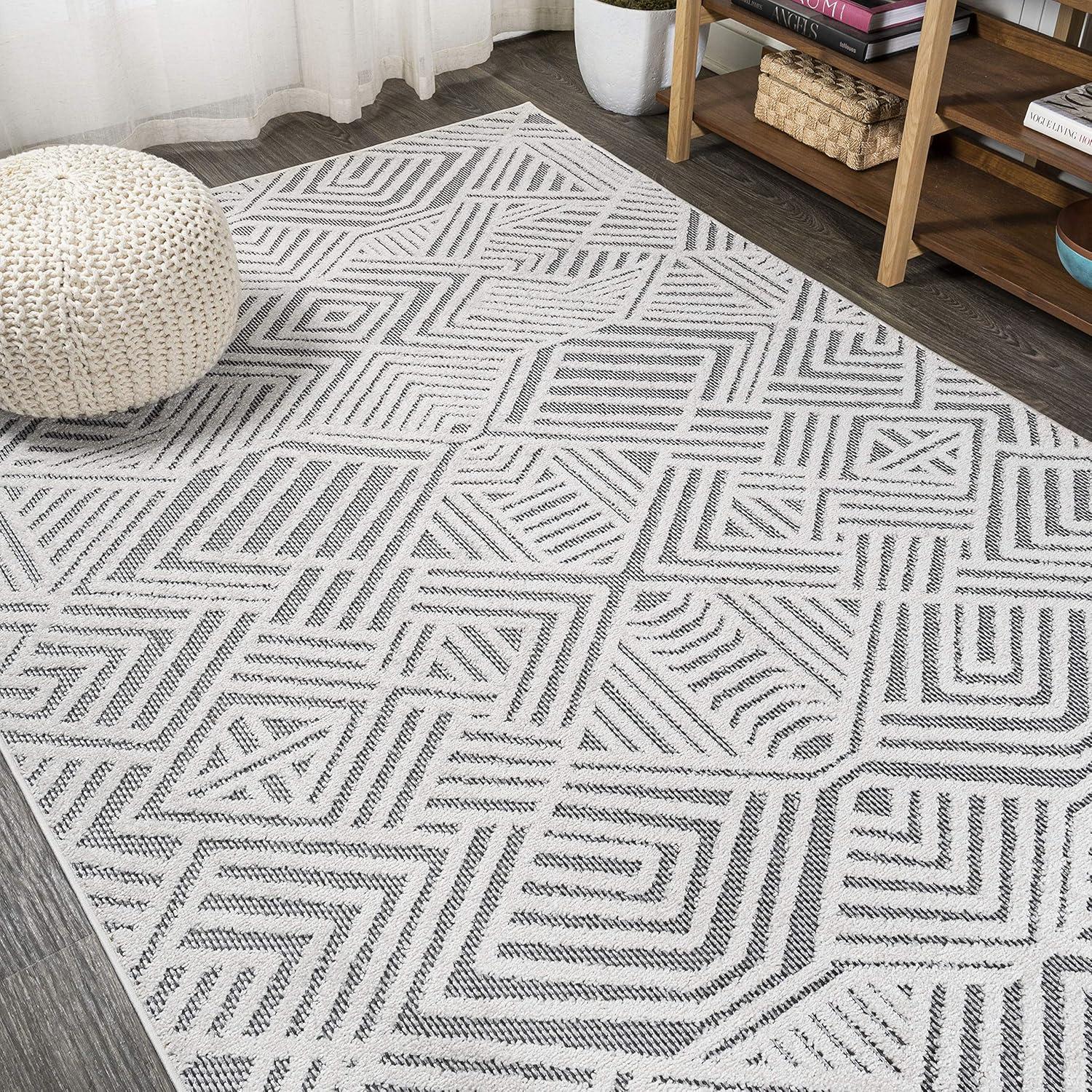 4'x6' Jordan High-Low Pile Art Deco Geometric Indoor/Outdoor Area Rug, White/Black - JONATHAN Y