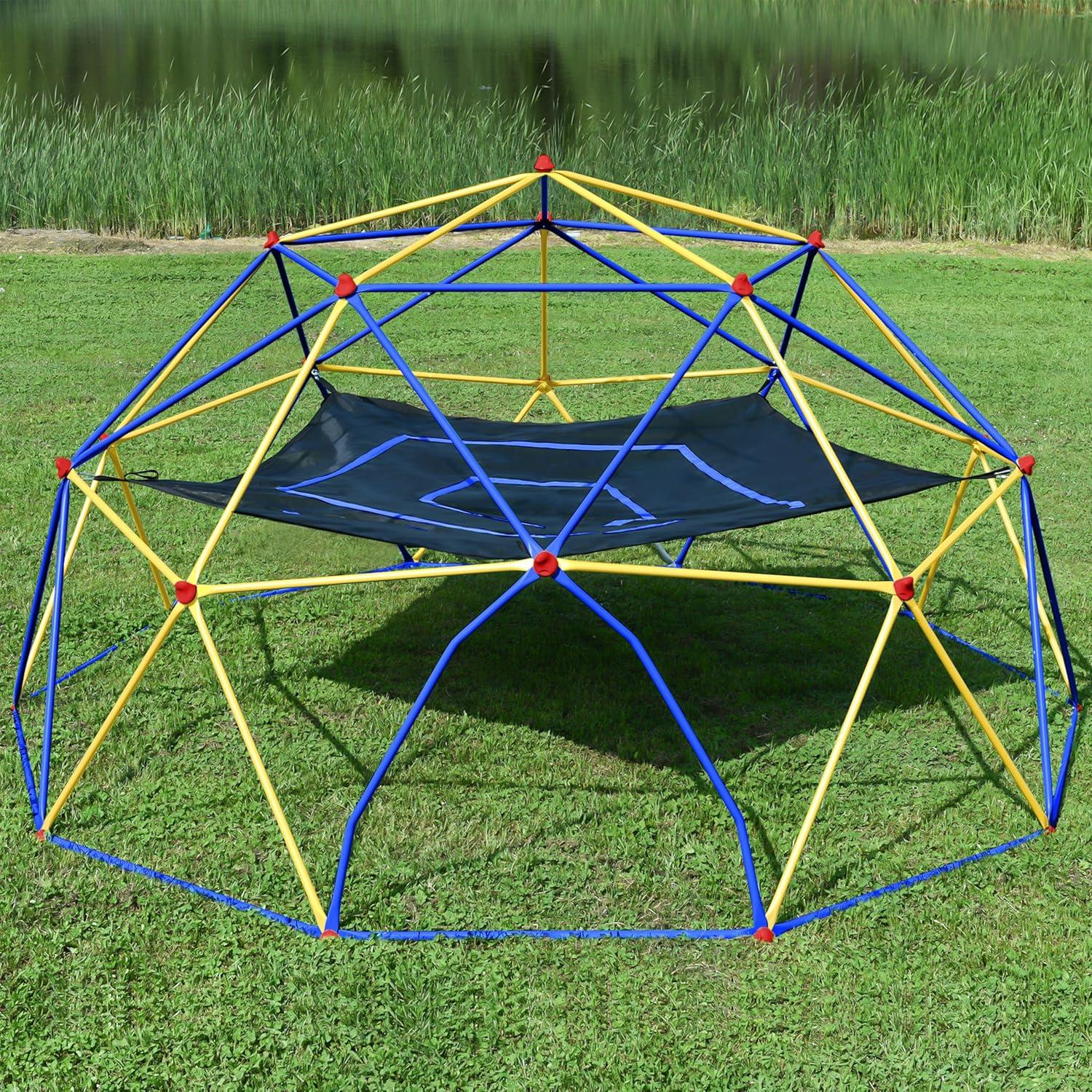 10FT Geometric Dome Climber Play Center with Hammock, Kids Climbing Dome Tower , Rust & UV Resistant Steel Supporting 1000 LBS, Blue+ Yellow