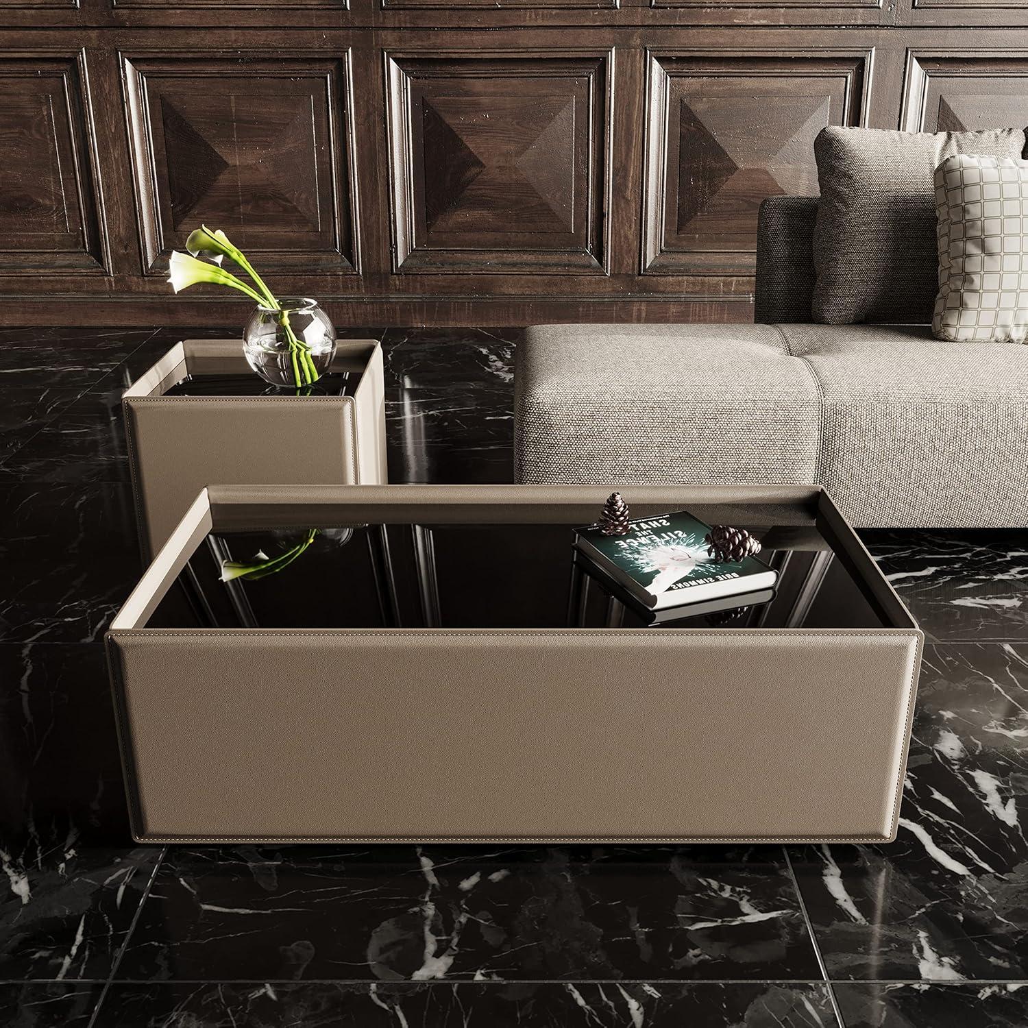 Beige Leatherette Square End Table with Black Glass Top