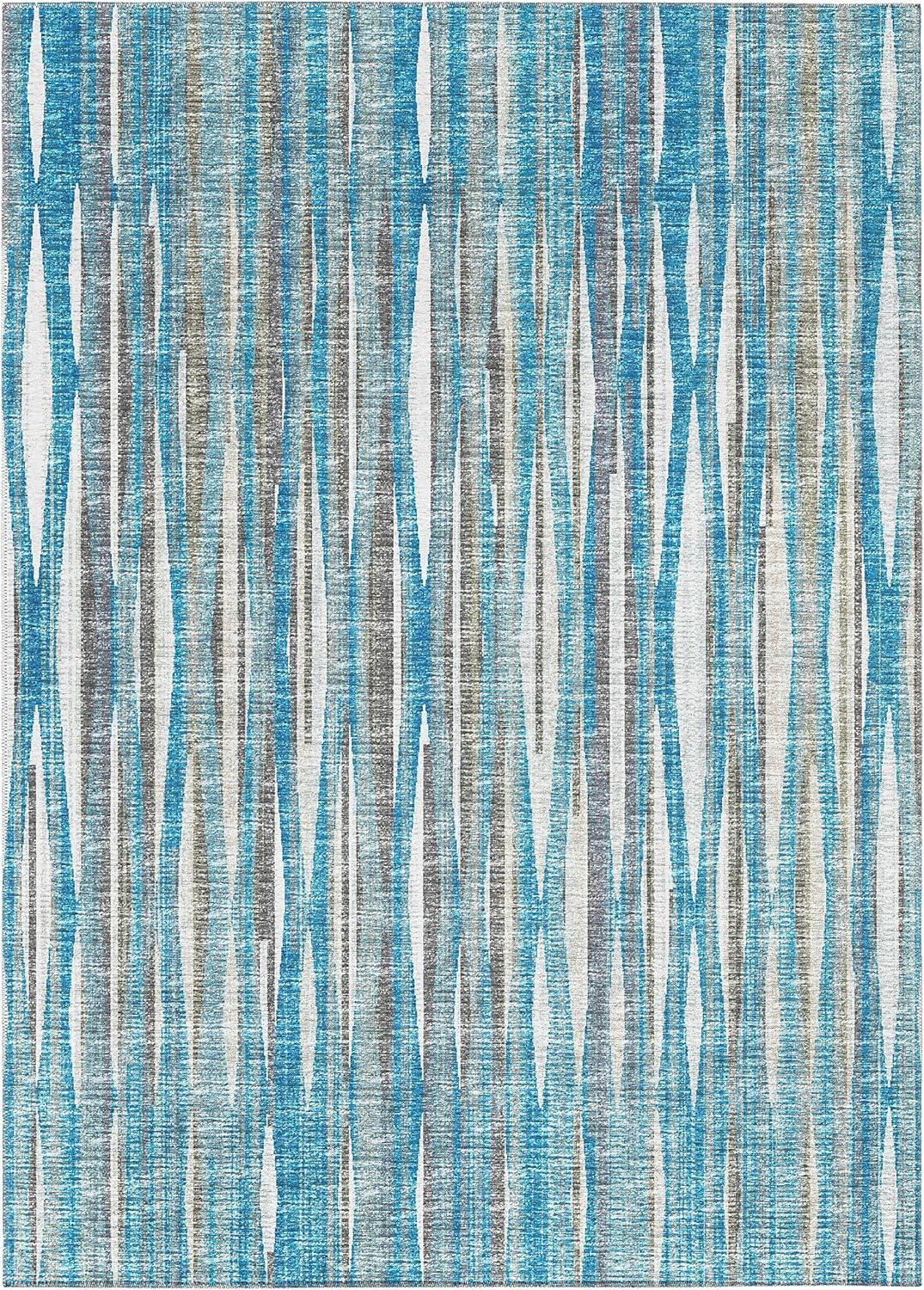 Blue and Gray Striped Chenille Washable Area Rug 5' x 7'