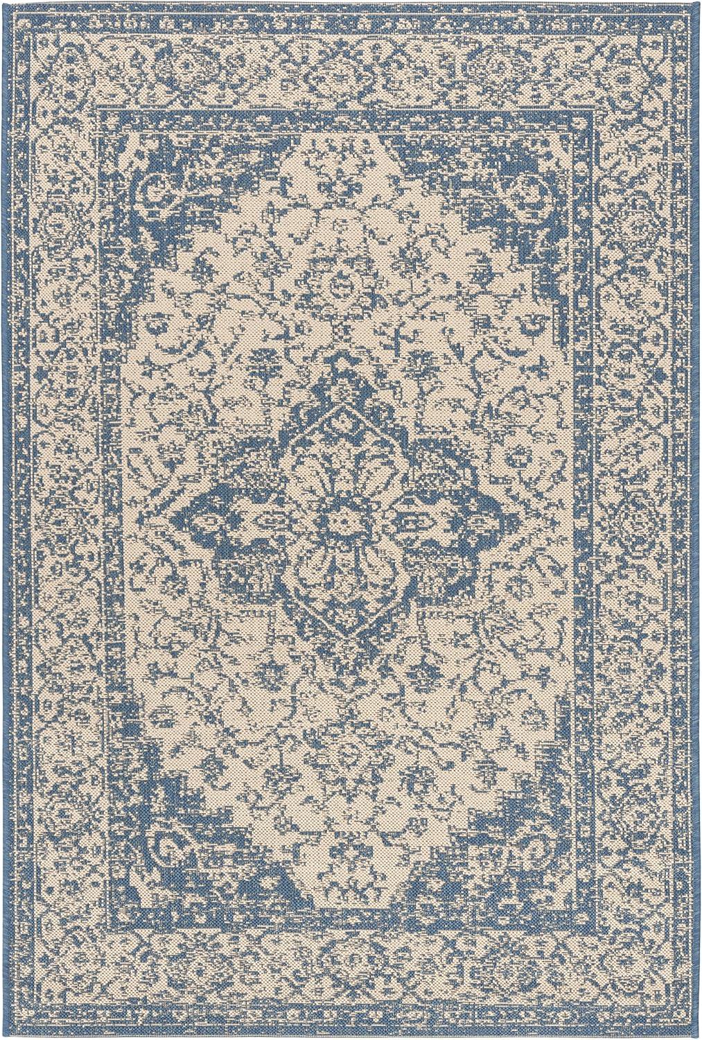 Elysian Blue and Cream Geometric 4' x 6' Easy-Care Area Rug