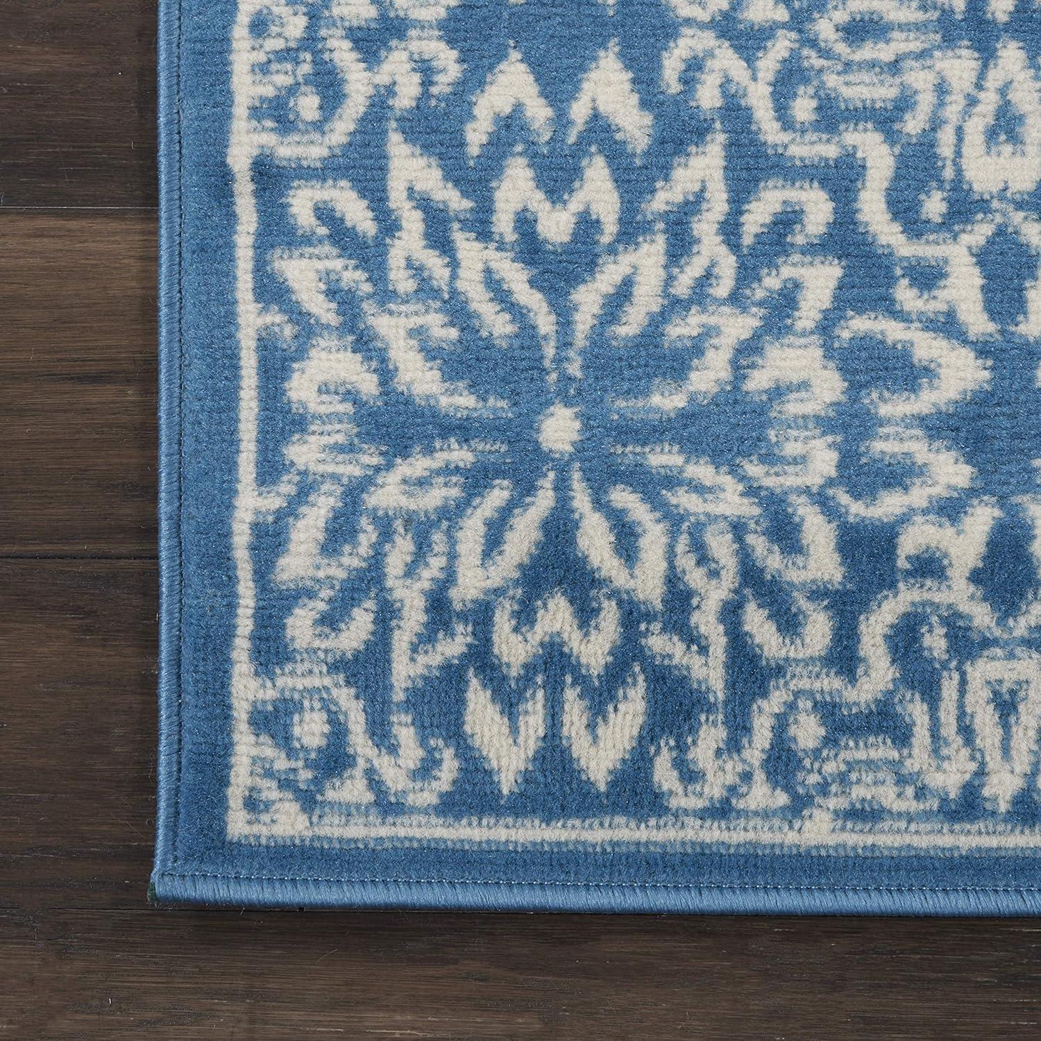 Ivory & Blue Floral Hand-Knotted Viscose Area Rug, 2' x 4'