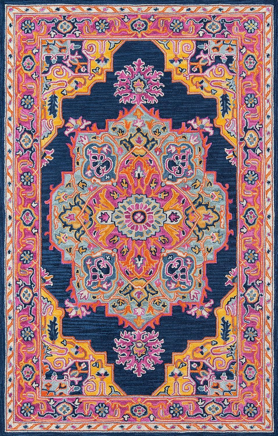 Momeni  Ibiza Hand-tufted Traditional Medallion Wool Area Rug Navy 2' x 3' 2' x 3' Accent, Indoor Pink