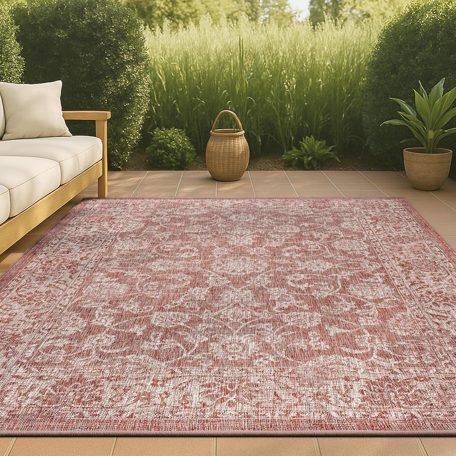 8'x10' Tela Bohemian Textured Weave Floral Indoor/Outdoor Area Rug, Red/Taupe - JONATHAN Y