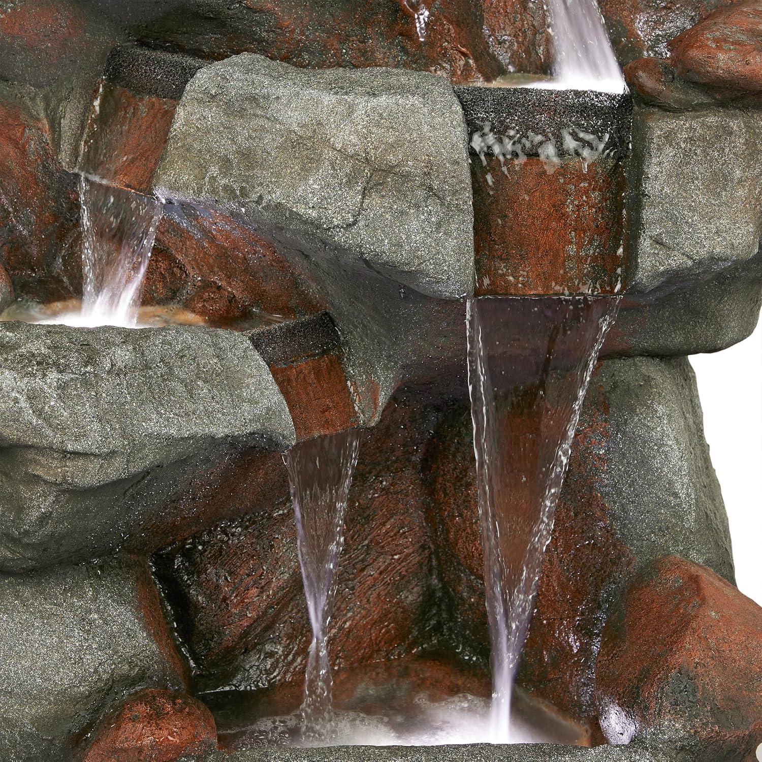 Gray Cascading Stone Outdoor Fountain with LED Lights, 53"