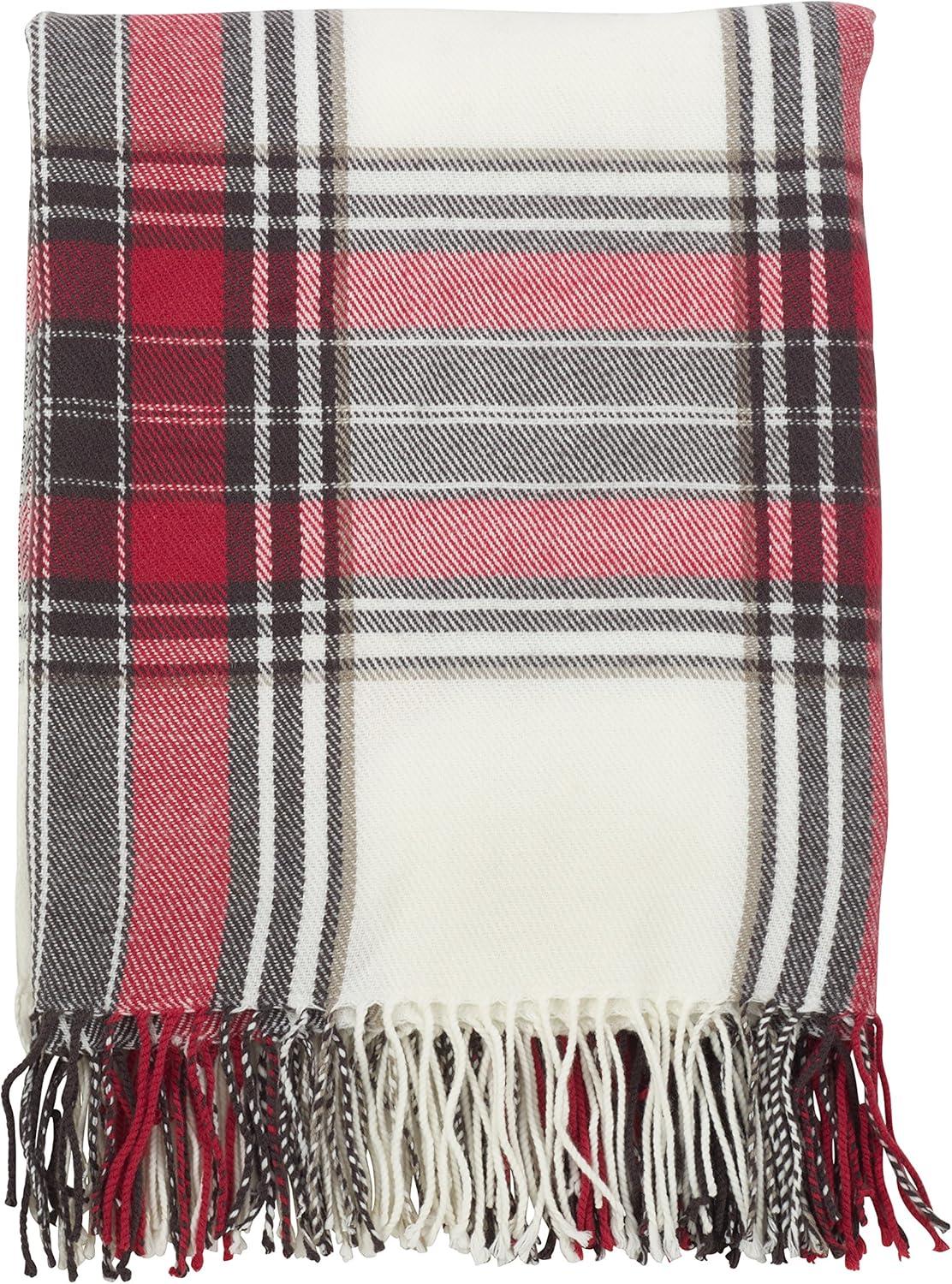 Red and White Plaid Acrylic Throw Blanket with Fringe