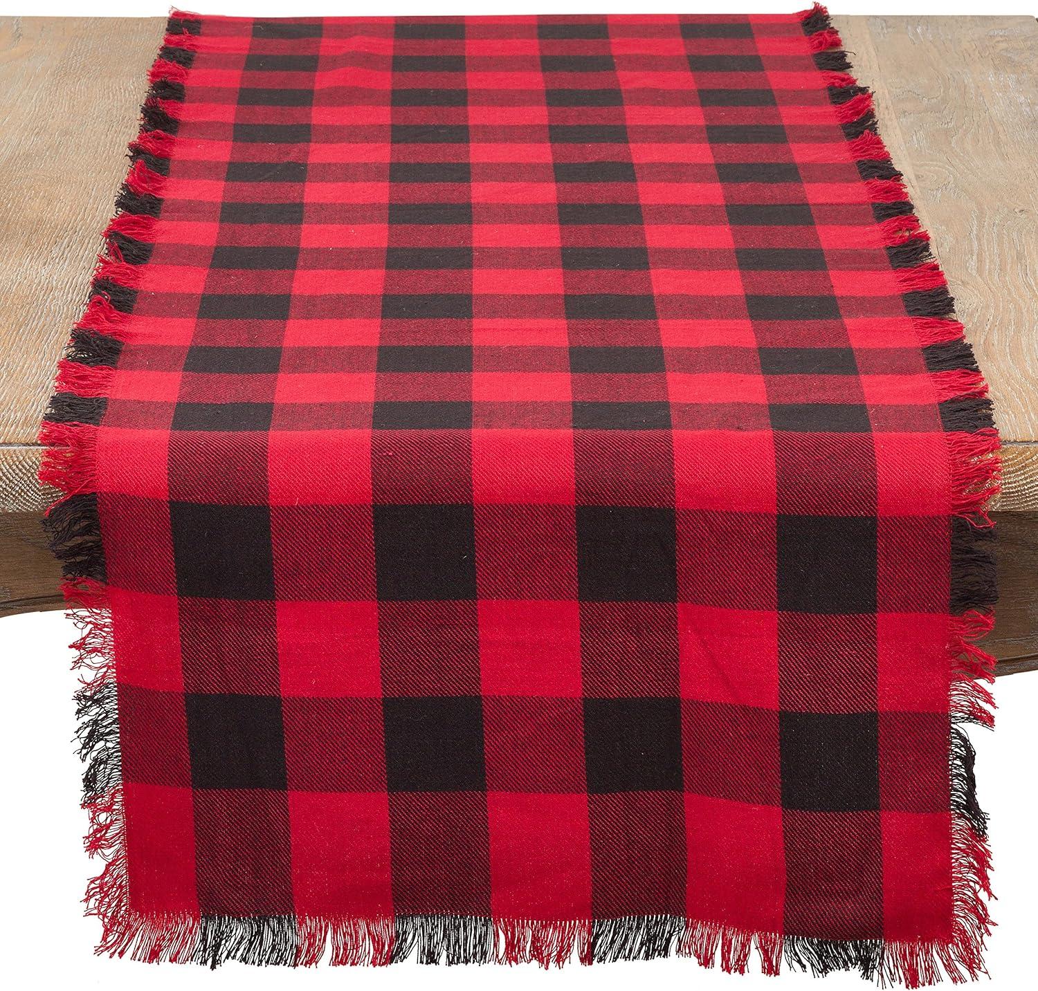 Red and Black Buffalo Plaid Cotton Table Runner with Fringe