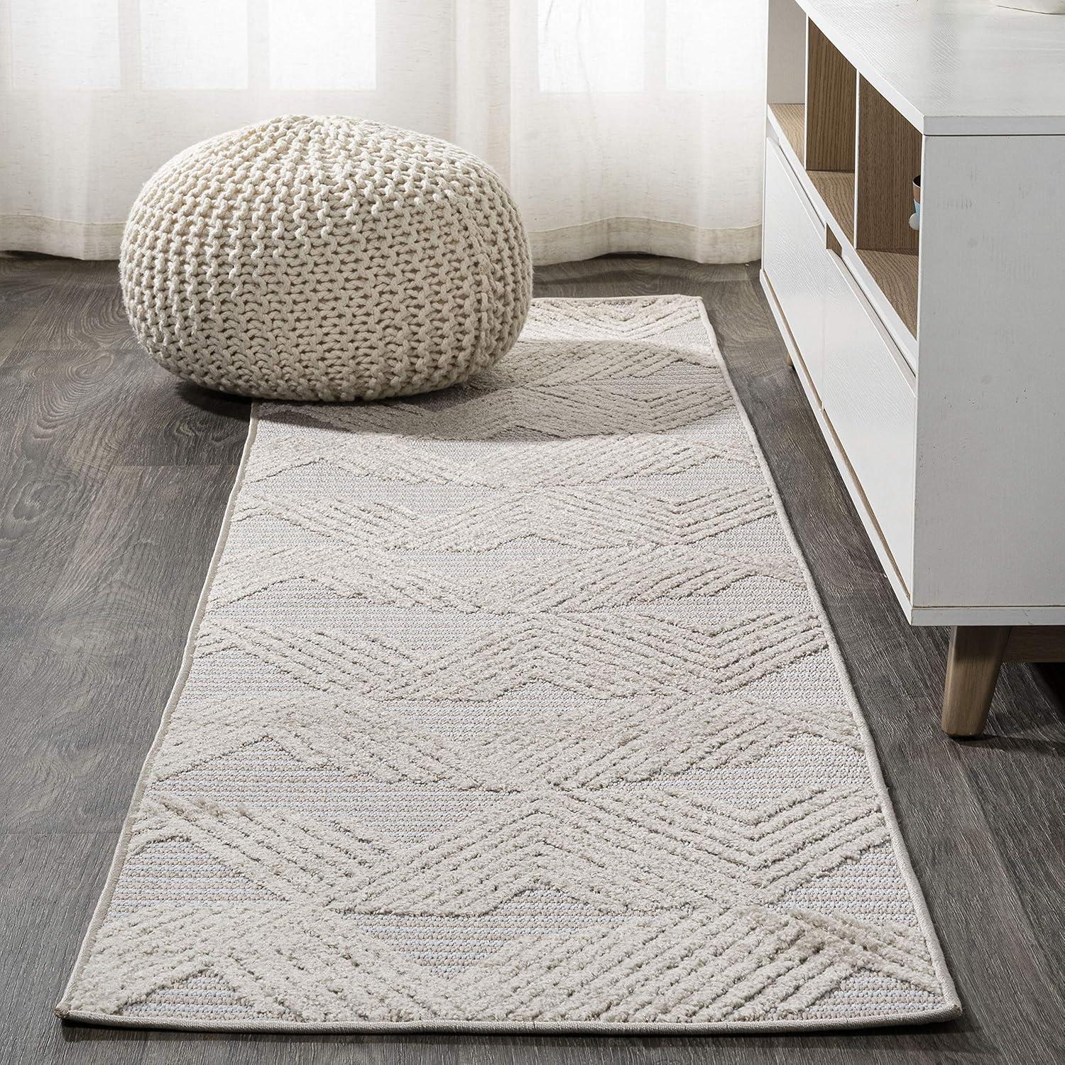 2'x10' Jazz High-Low Pile Art Deco Geometric Indoor/Outdoor Runner Rug, Beige - JONATHAN Y