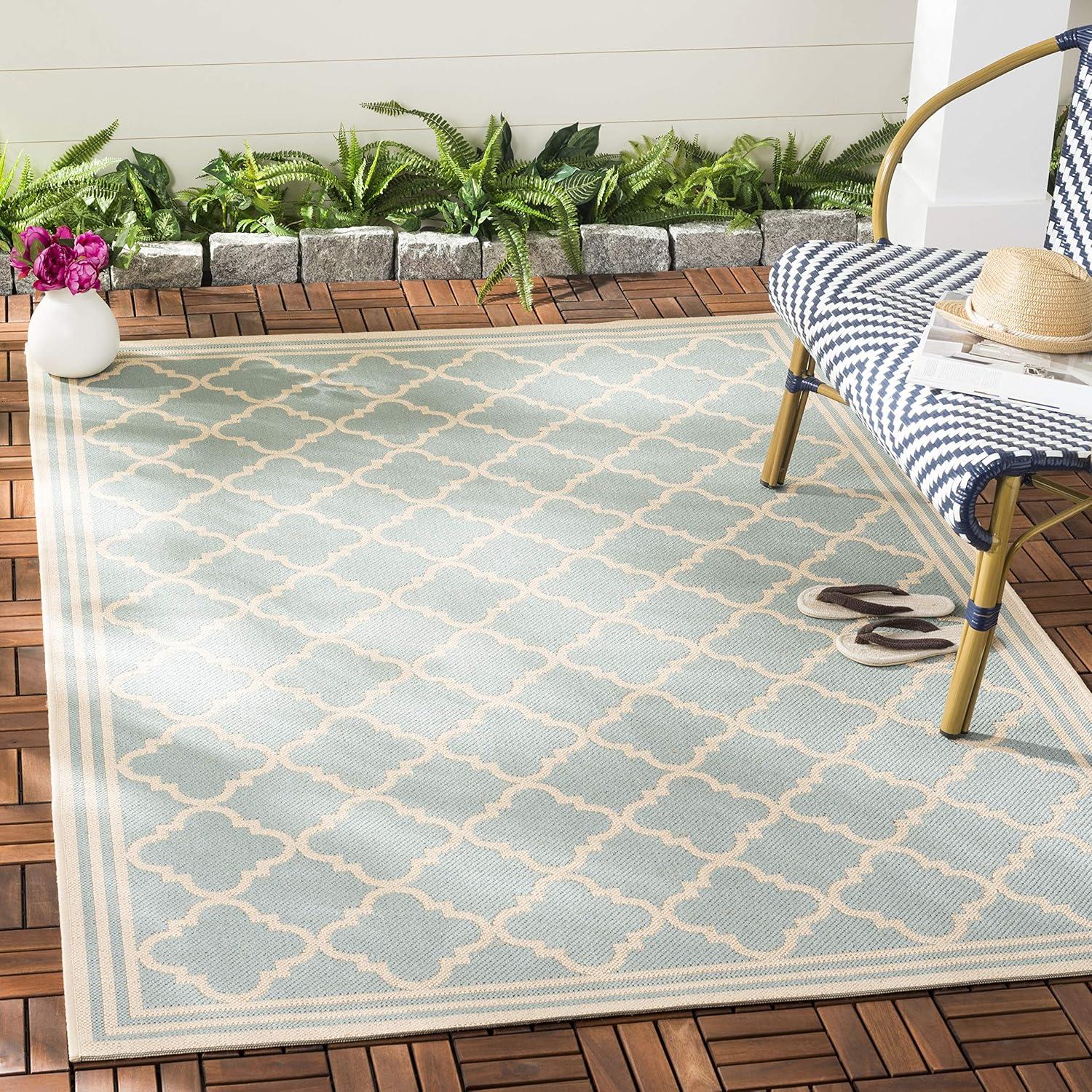 Beach House BHS121 POWER LOOMED Indoor/Outdoor Area Rug - Aqua/Cream - 8'x8' - Safavieh