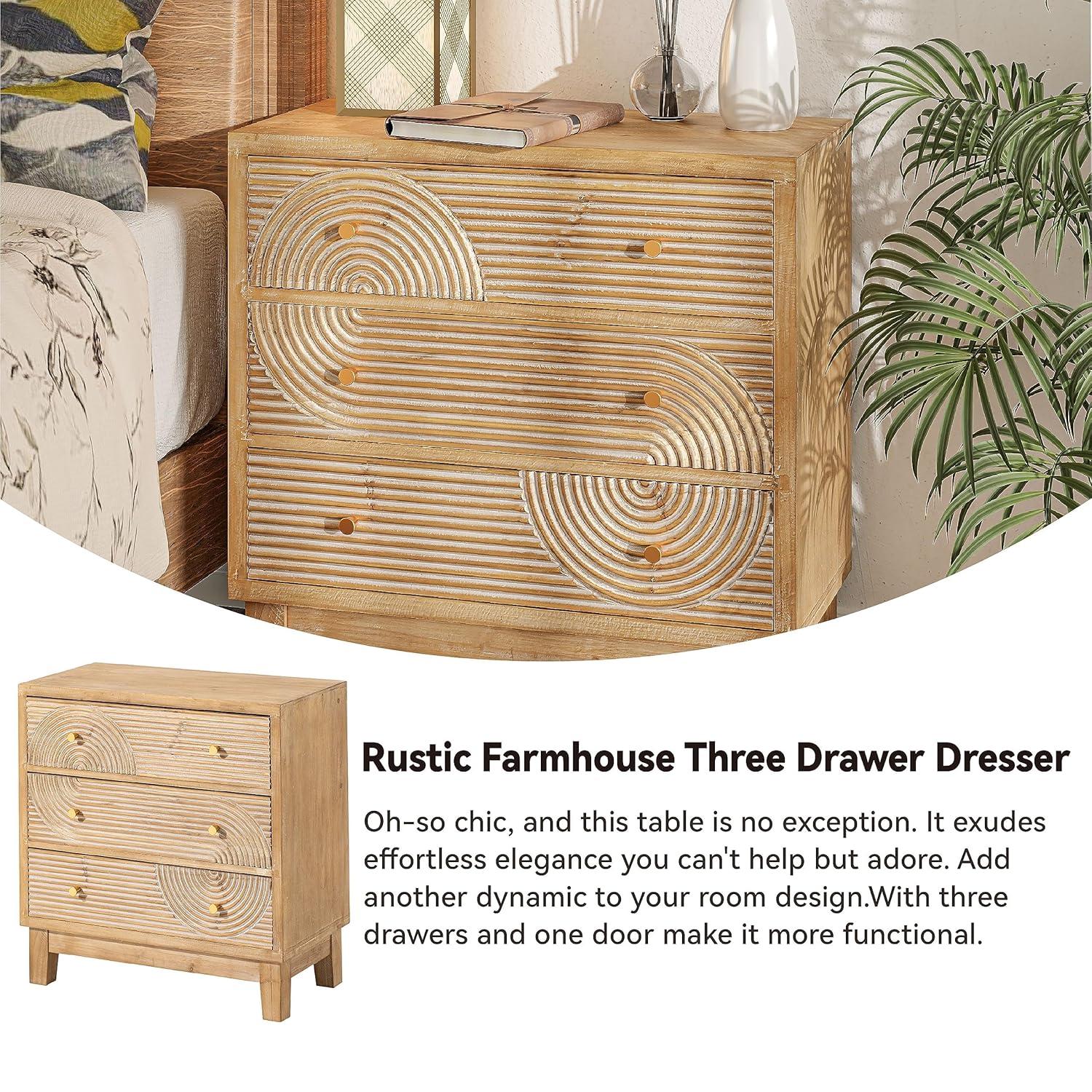 COZAYH 3-Drawer Farmhouse Dresser with Handicraft Wood Ring Motif, Fully Assembled Nightstand Wooden Finish for Boho, Mid-century, Rustic Style, Natural Wood