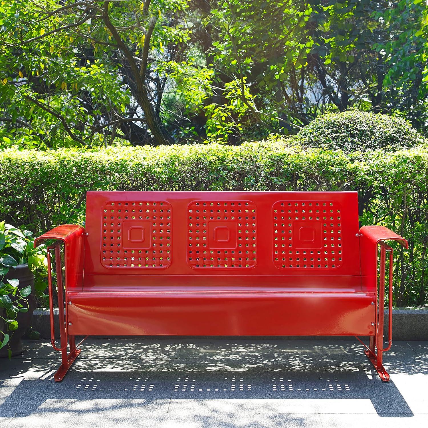 Retro Bright Red Metal Outdoor Sofa Glider, 60"