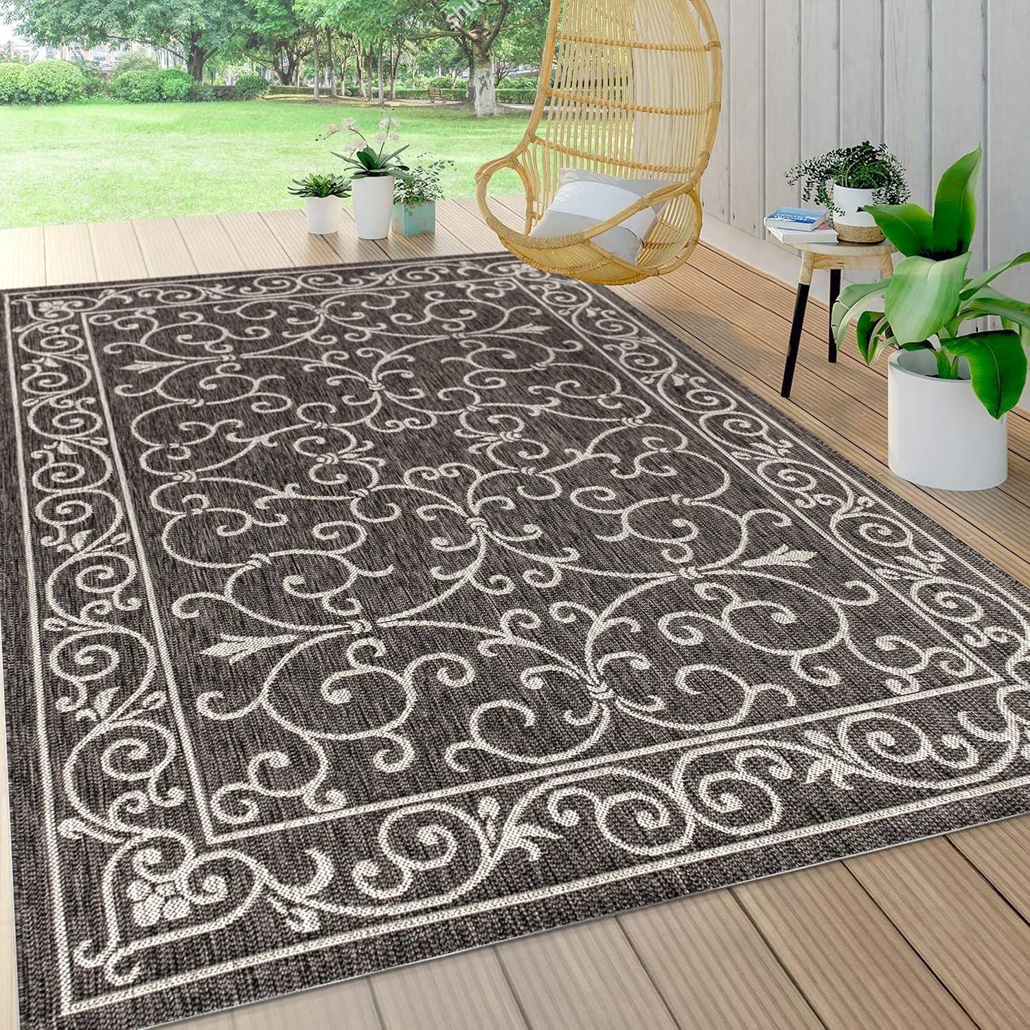 4'x6' Charleston Vintage Filigree Textured Weave Indoor/Outdoor Area Rug, Black/Gray - JONATHAN Y