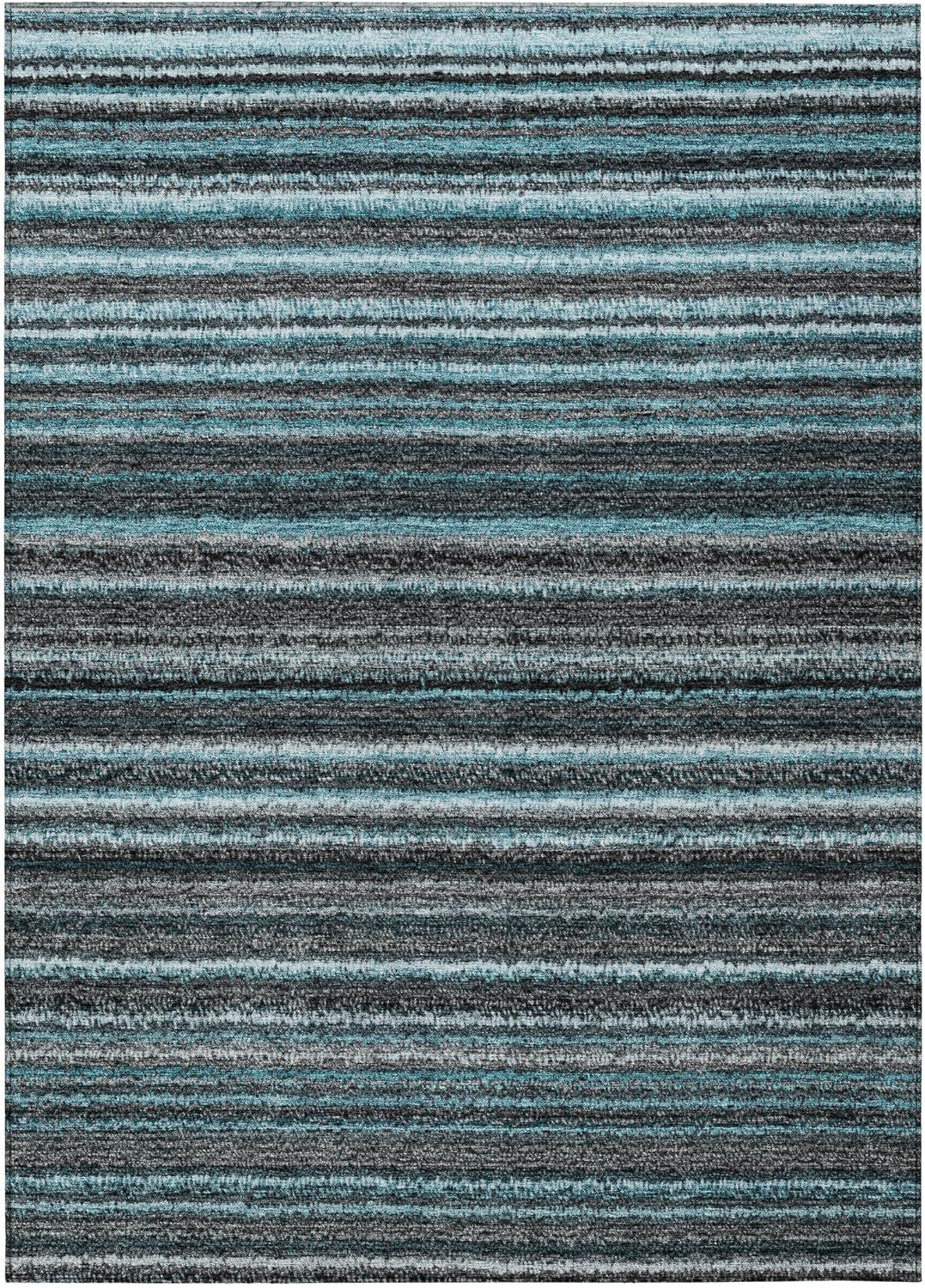 Teal and Gray Striped Synthetic 8' x 10' Washable Rug