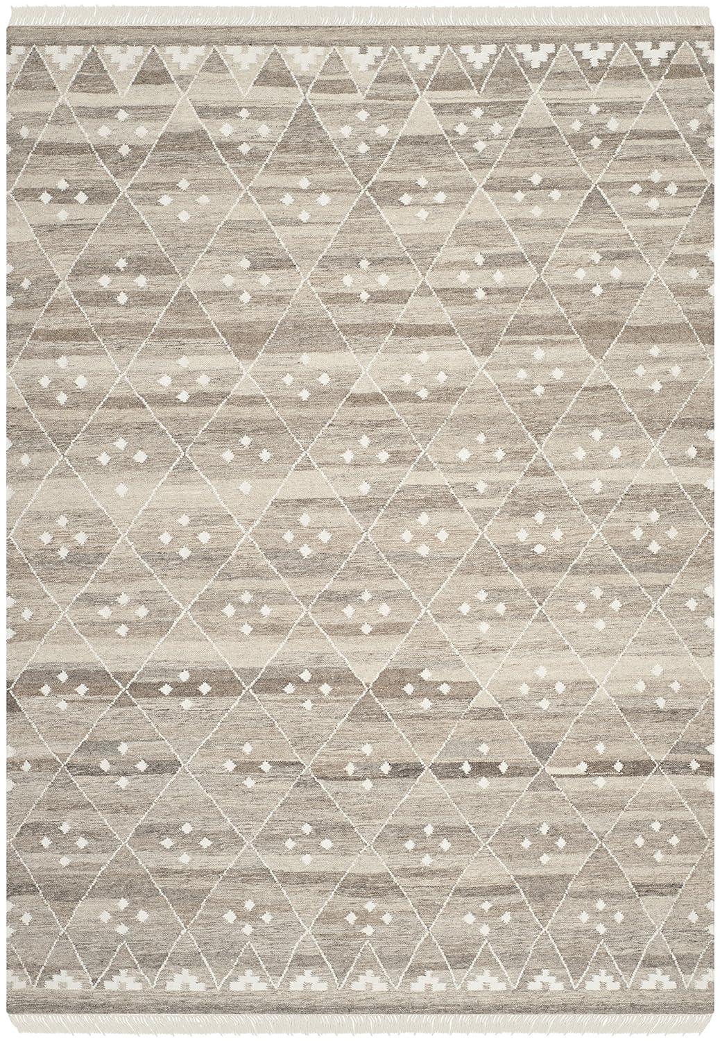 Natural Kilim Hand Woven Wool/Viscose/Cotton Geometric Rug in Natural Beige/Ivory