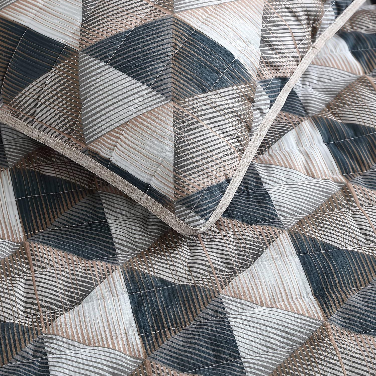 Geometric Gray and Brown Microfiber King Quilt Set