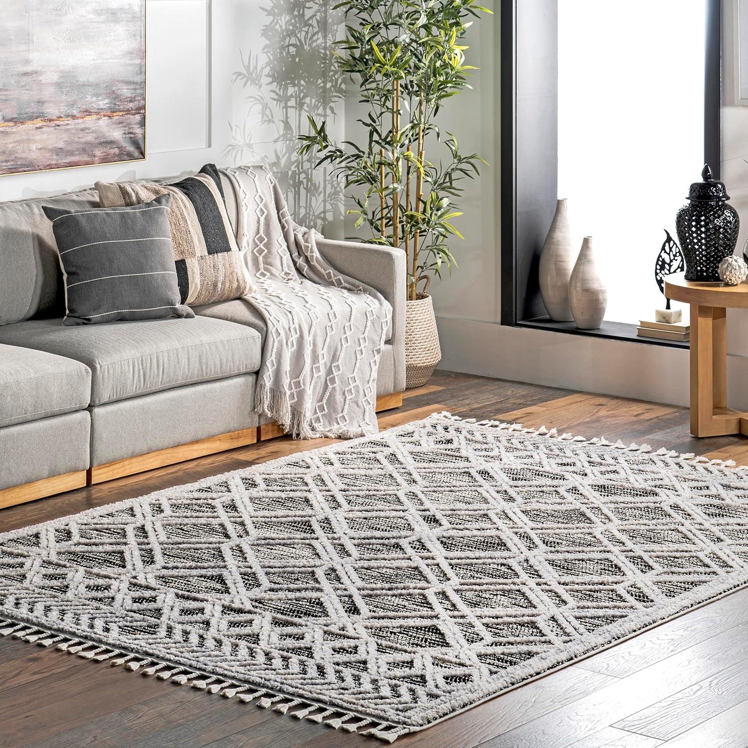 Nuloom 8x11 Ansley Moroccan Tassel Indoor Area Rug, Grey, High-Low Textured Bohemian Design, Plush High Pile, Stain Resistant, Bedroom, Living Room